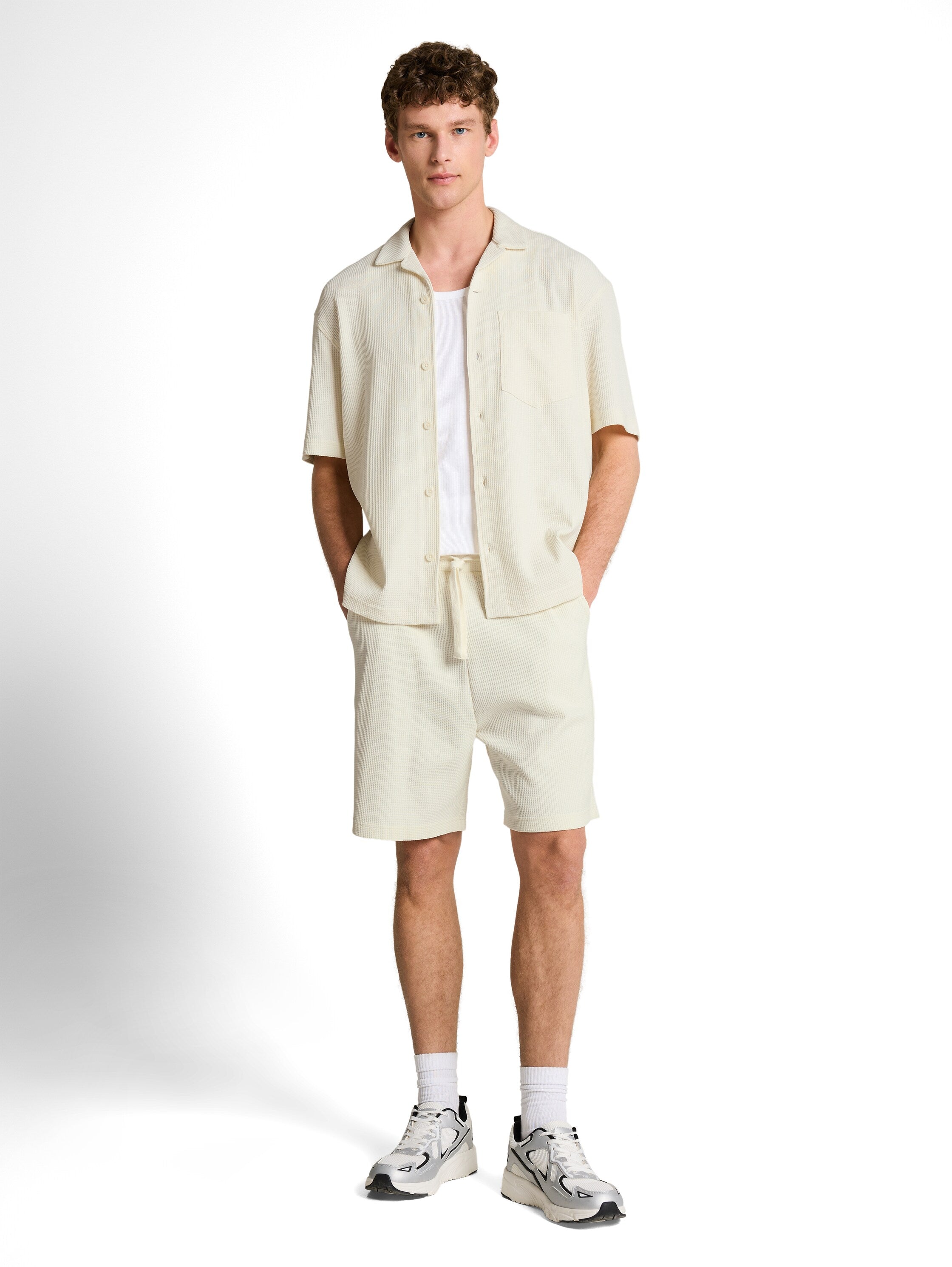 Tom Tailor Relaxed Fit Off-White Resort Shirt With Waffle Texture