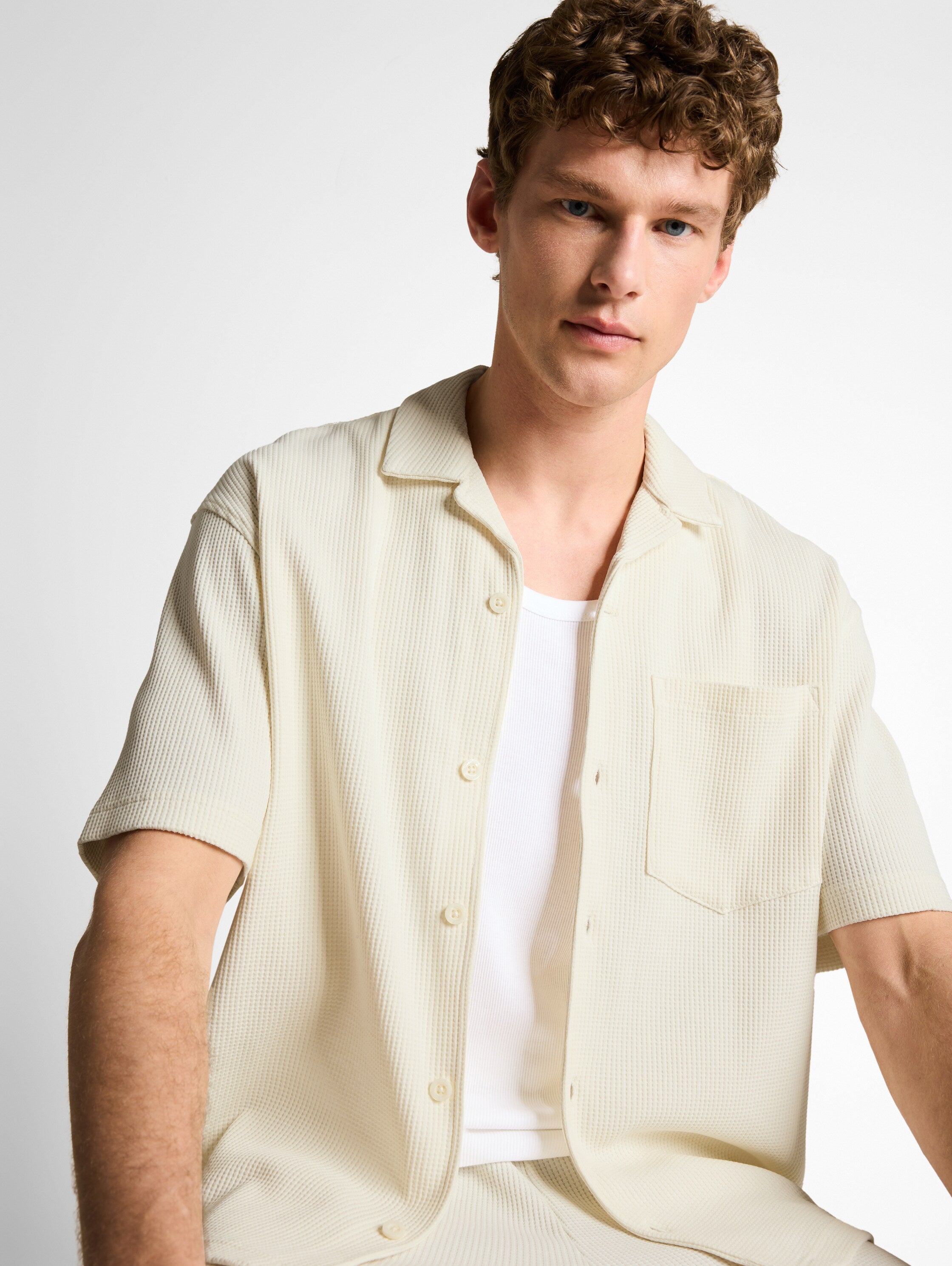 Tom Tailor Relaxed Fit Off-White Resort Shirt With Waffle Texture