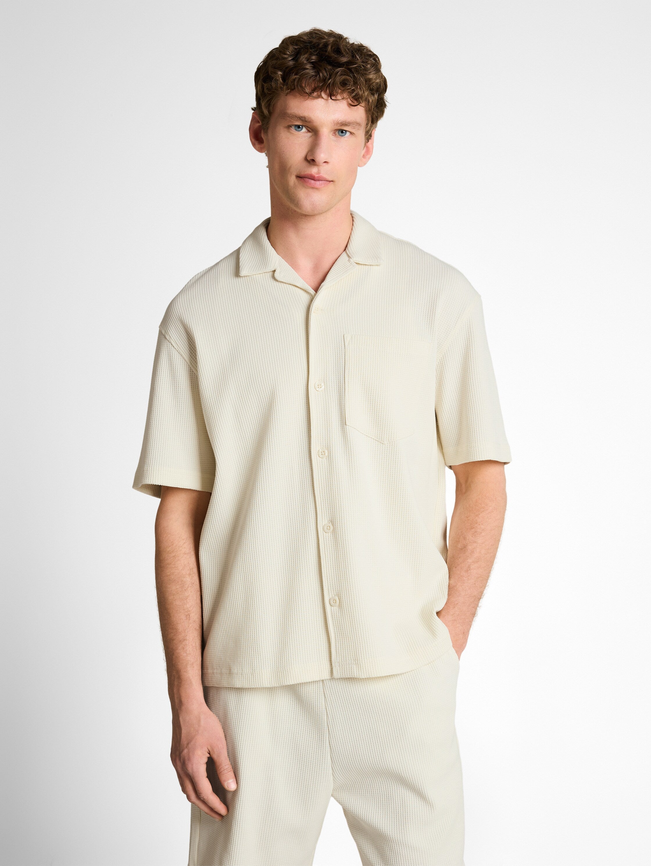 Tom Tailor Relaxed Fit Off-White Resort Shirt With Waffle Texture