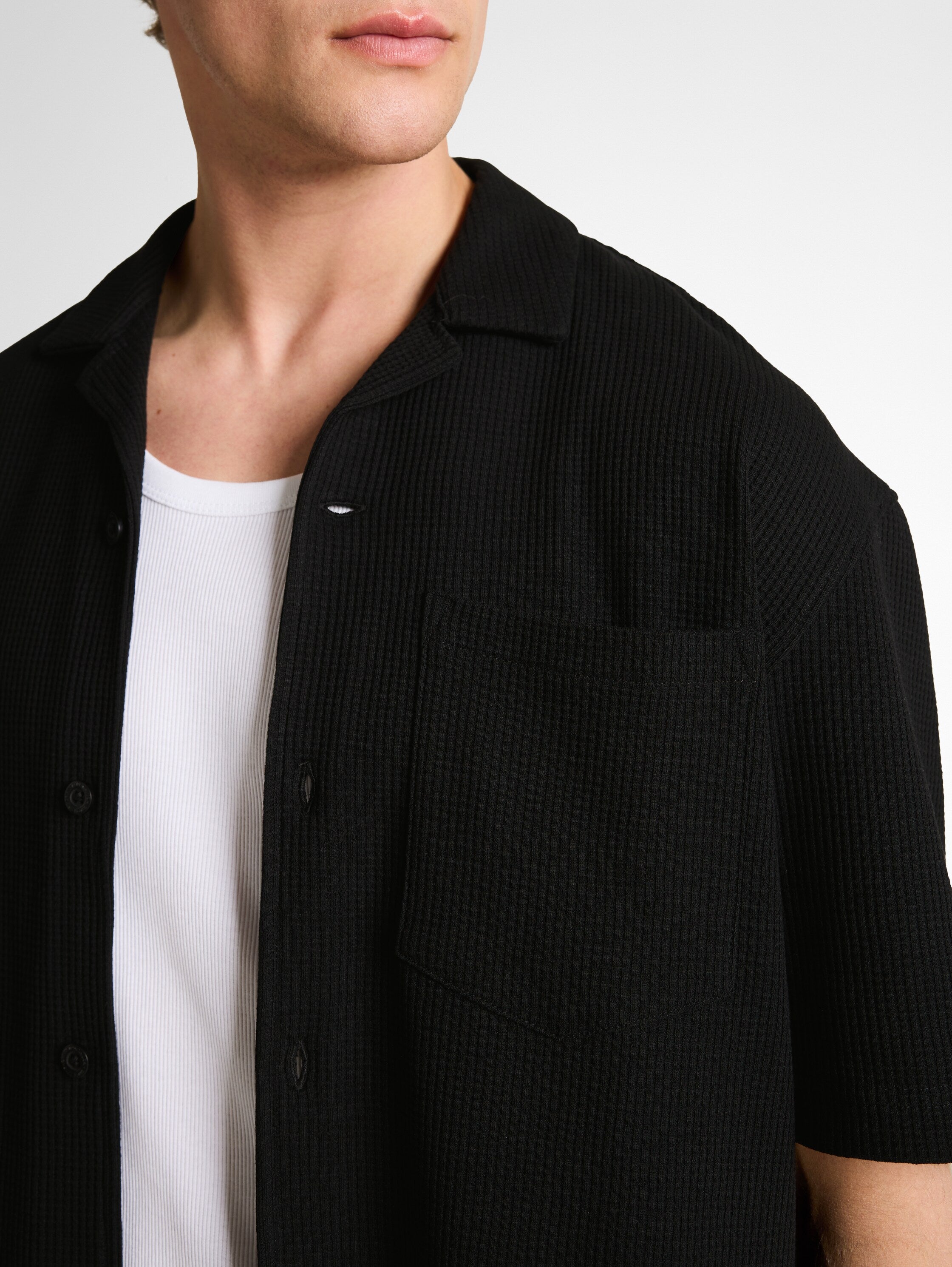 Tom Tailor Relaxed Fit Deep Black Resort Shirt With Waffle Texture