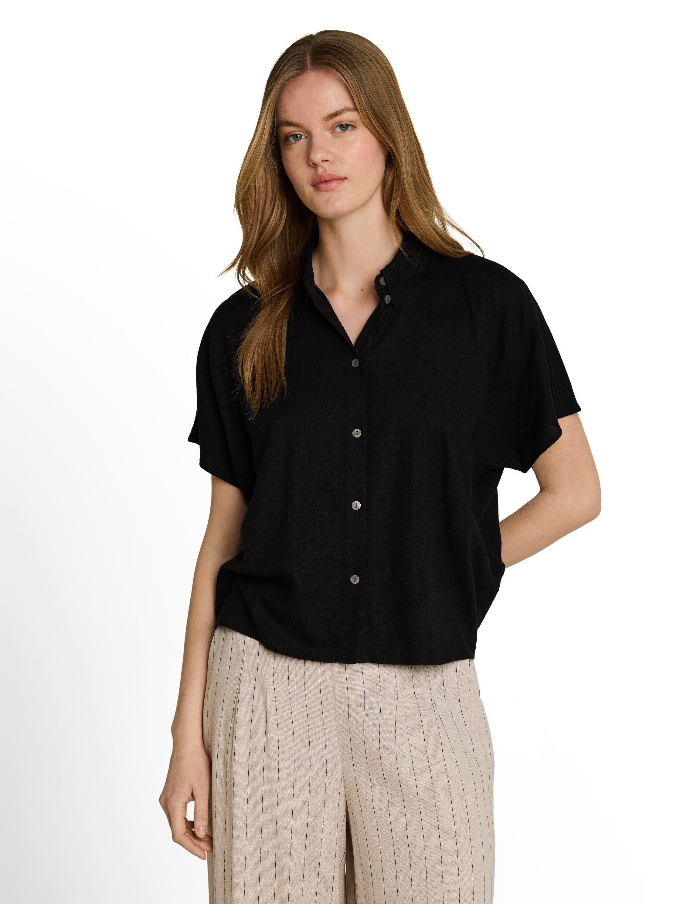 Tom Tailor Black Boxy-Fit Blouse With Linen Blend