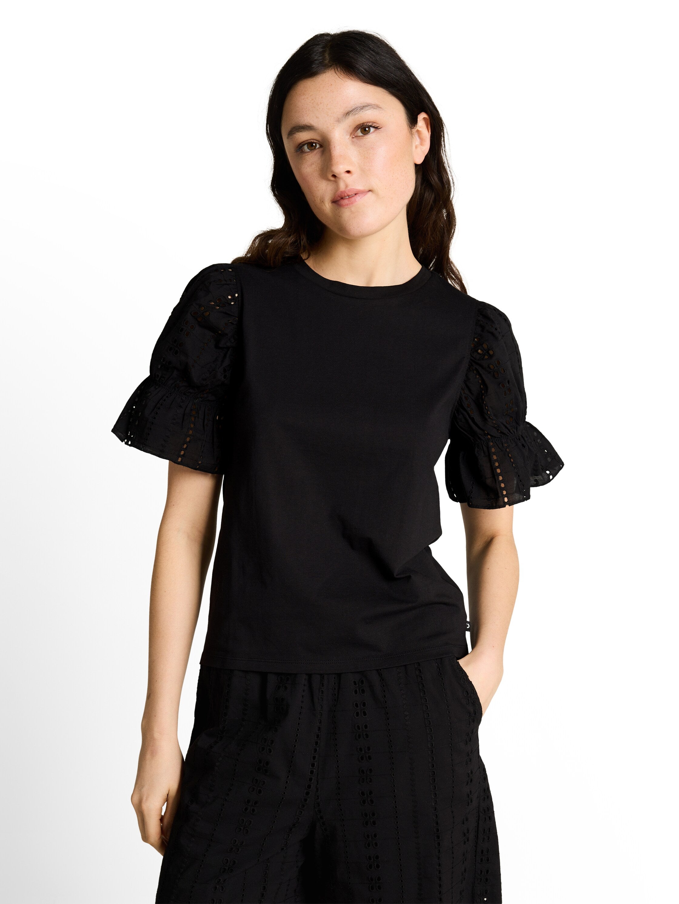 Tom Tailor Black Loose Fit T-Shirt With Eyelet Embroidery