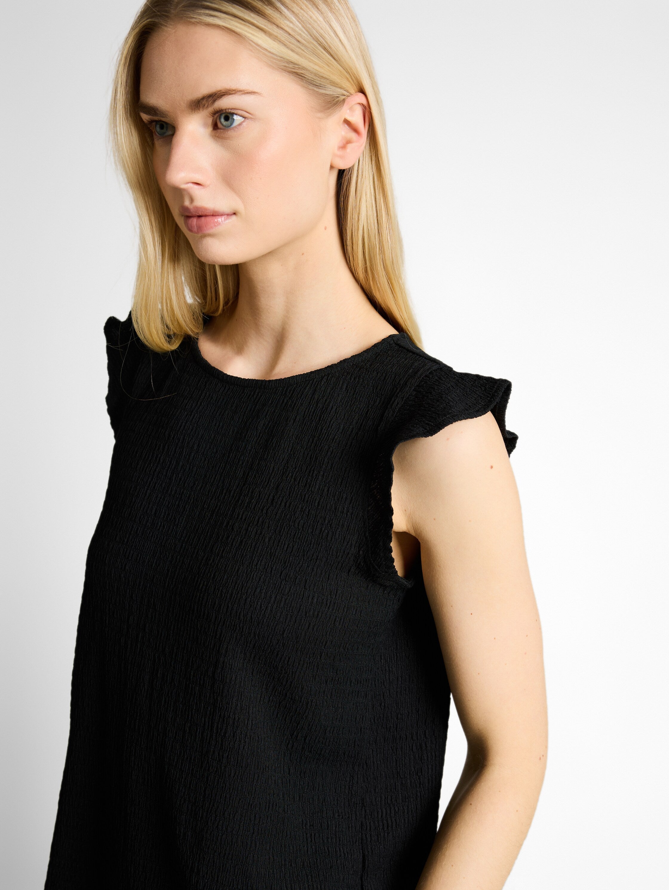 Tom Tailor Black Loose Fit Crinkle Top With Flounces