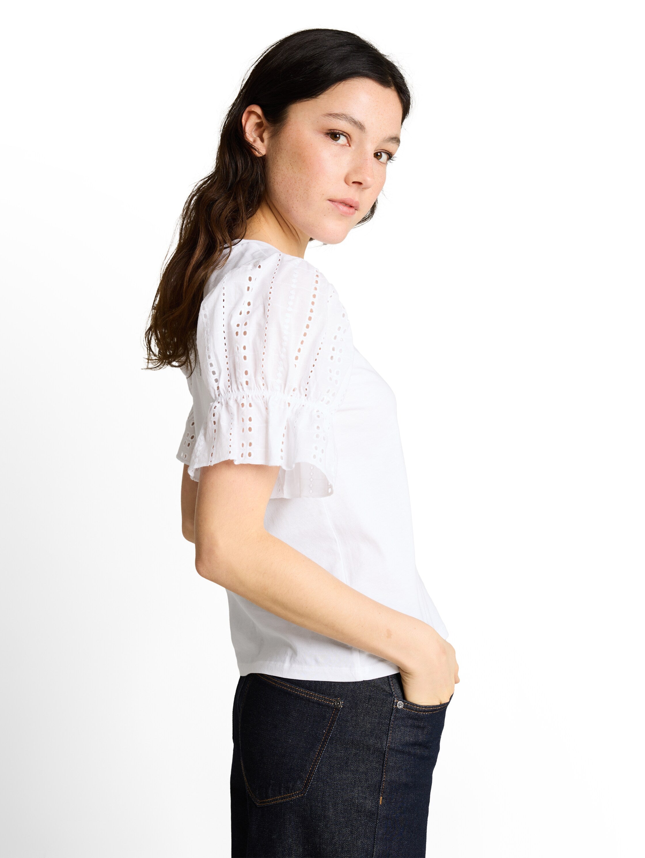 Tom Tailor White Loose Fit T-Shirt With Eyelet Embroidery