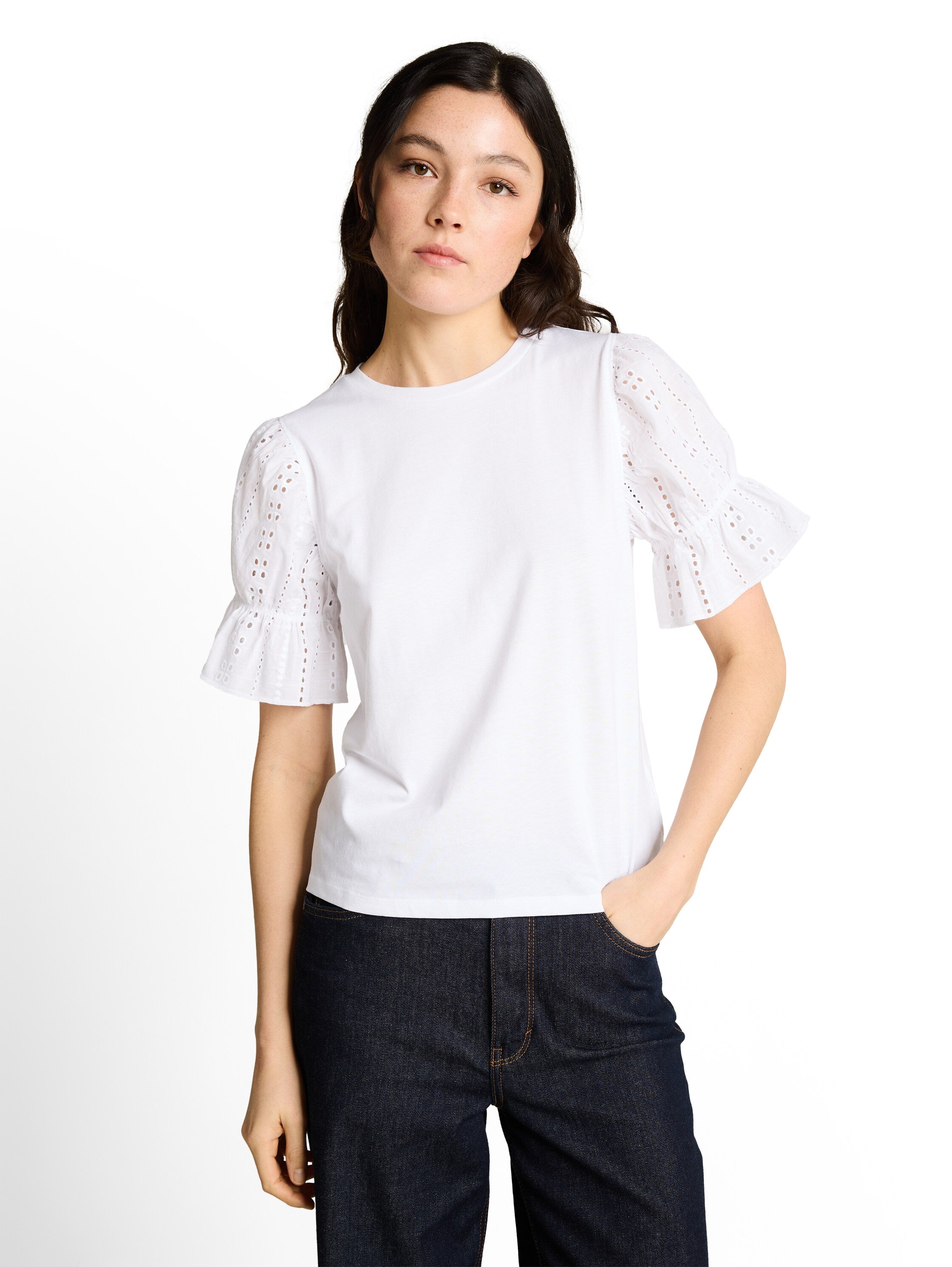 Tom Tailor White Loose Fit T-Shirt With Eyelet Embroidery