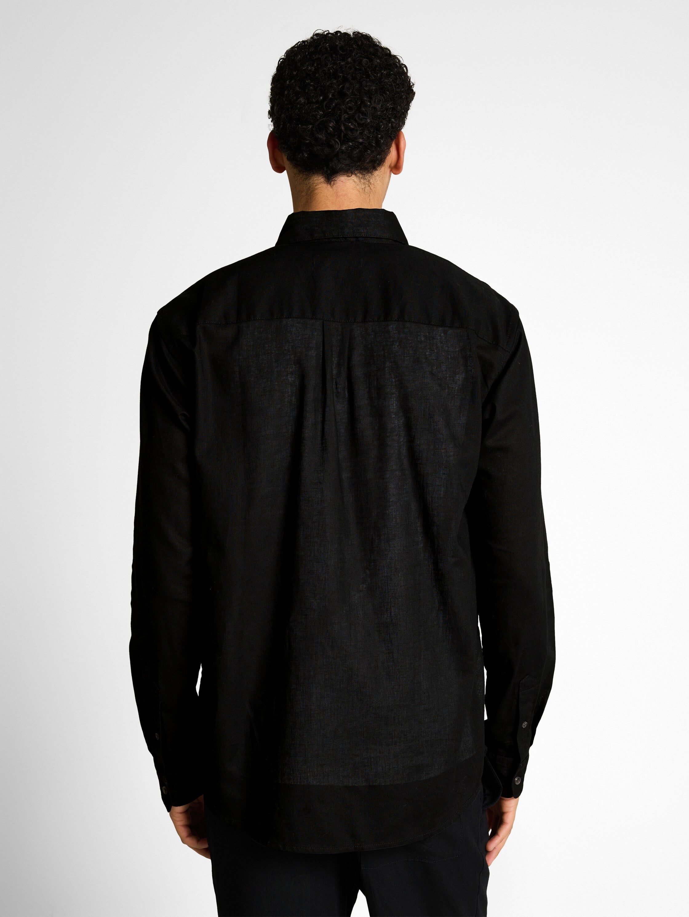 Tom Tailor Black Long Sleeved Relaxed Fit Shirt With Linen Blend & Chest Pocket