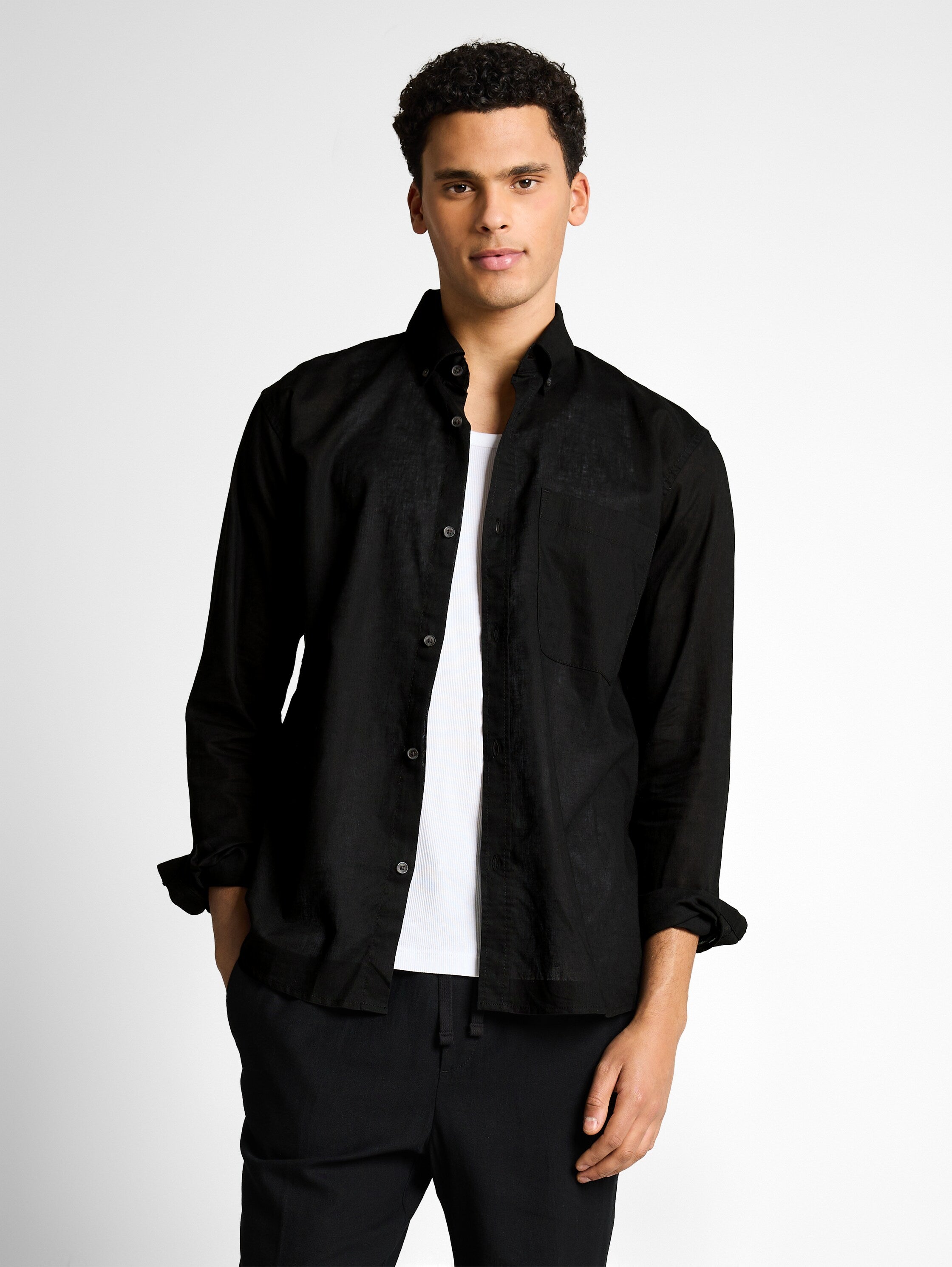 Tom Tailor Black Long Sleeved Relaxed Fit Shirt With Linen Blend & Chest Pocket