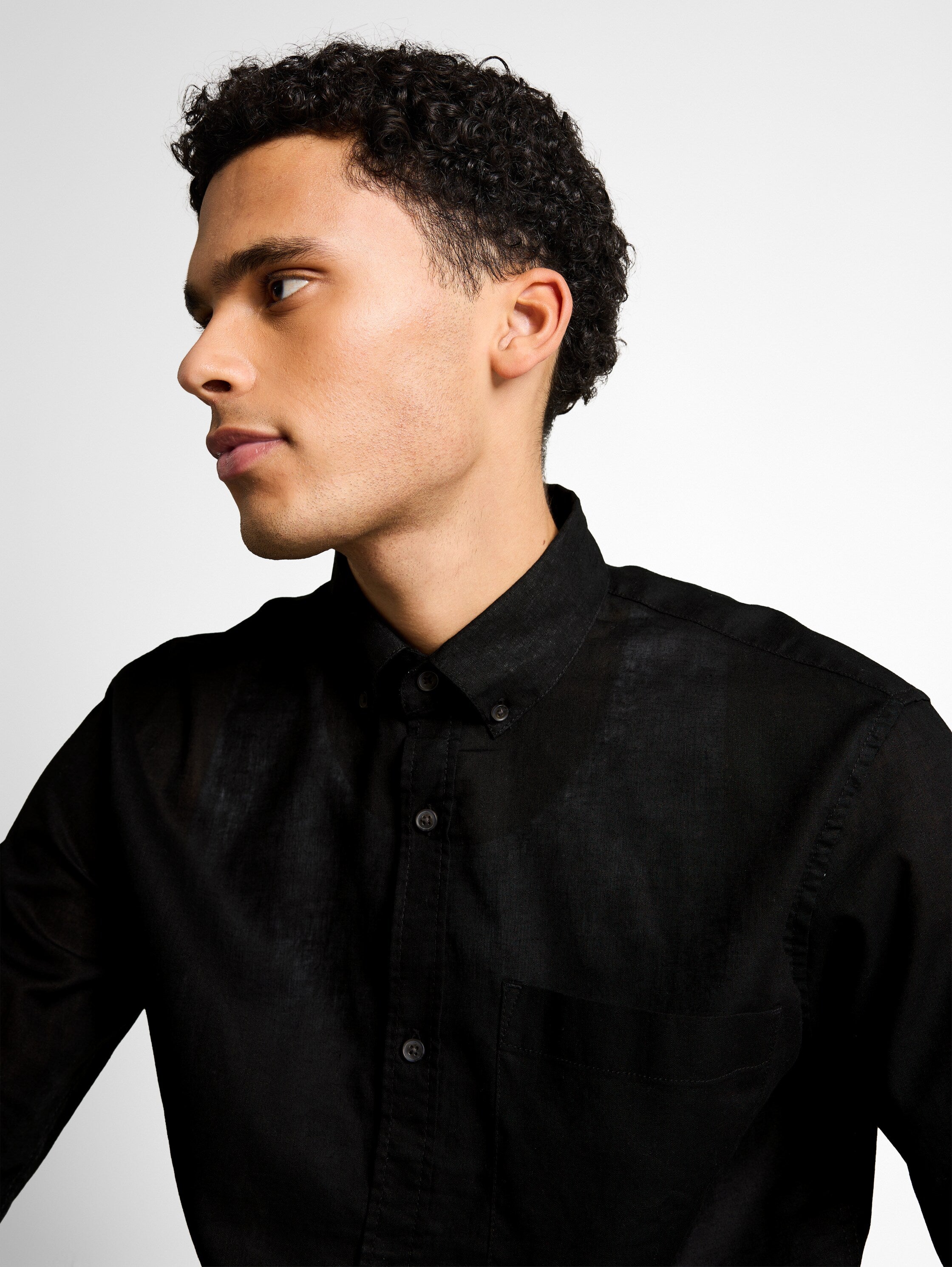 Tom Tailor Black Long Sleeved Relaxed Fit Shirt With Linen Blend & Chest Pocket