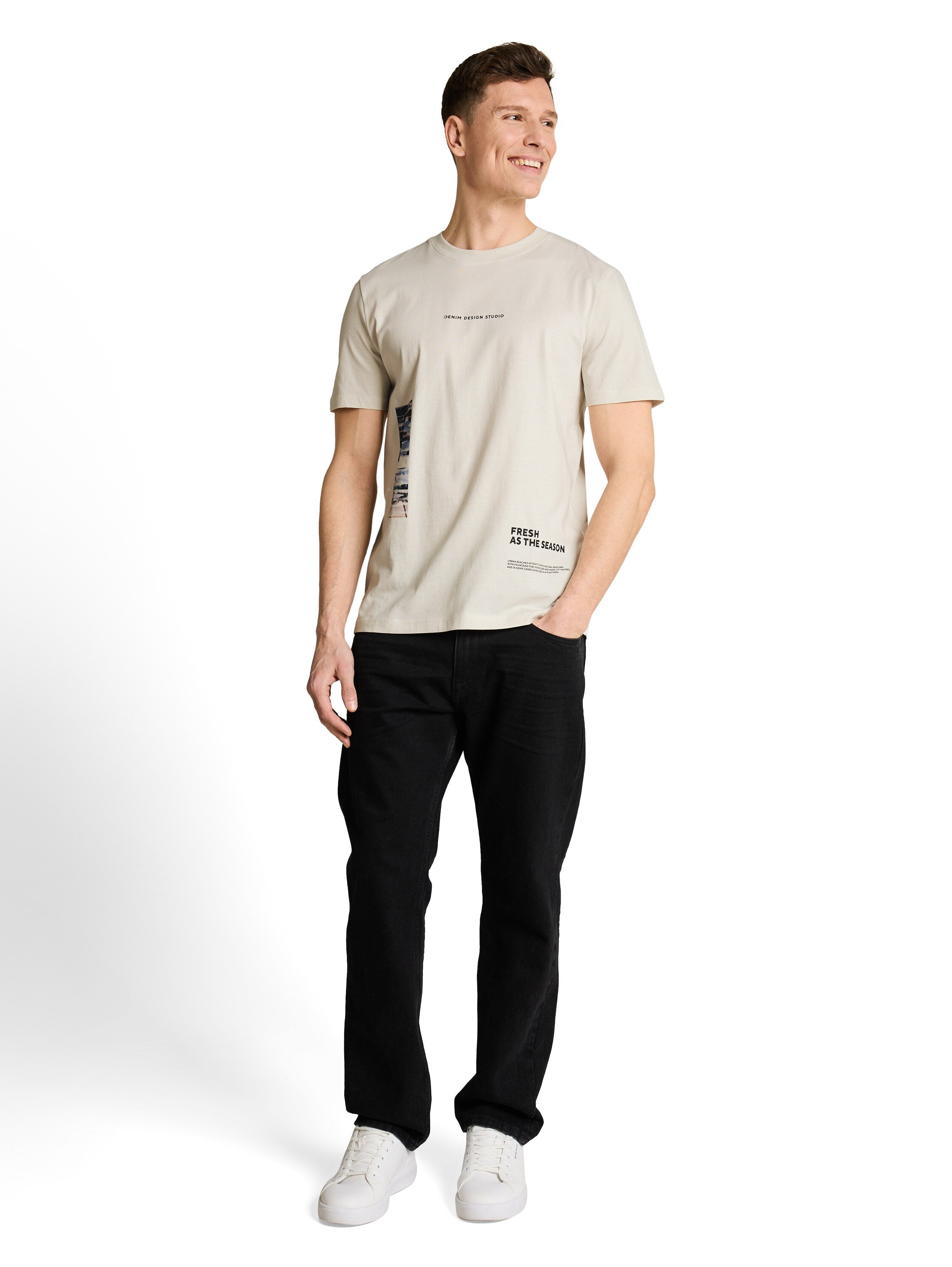 Tom Tailor Off White Round Neck T-Shirt With Front Design