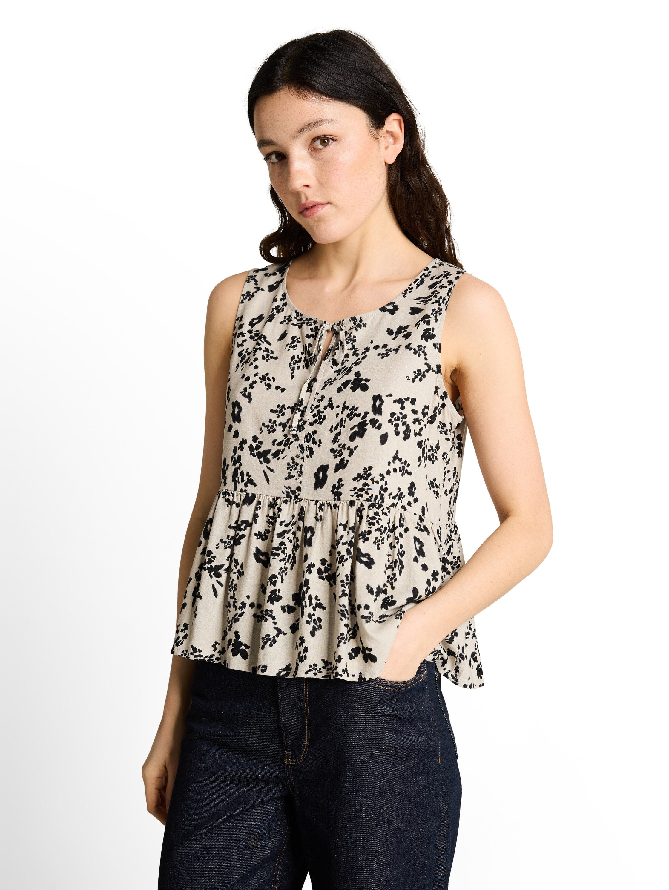 Tom Tailor Beige Black Flower Print Blouse Top