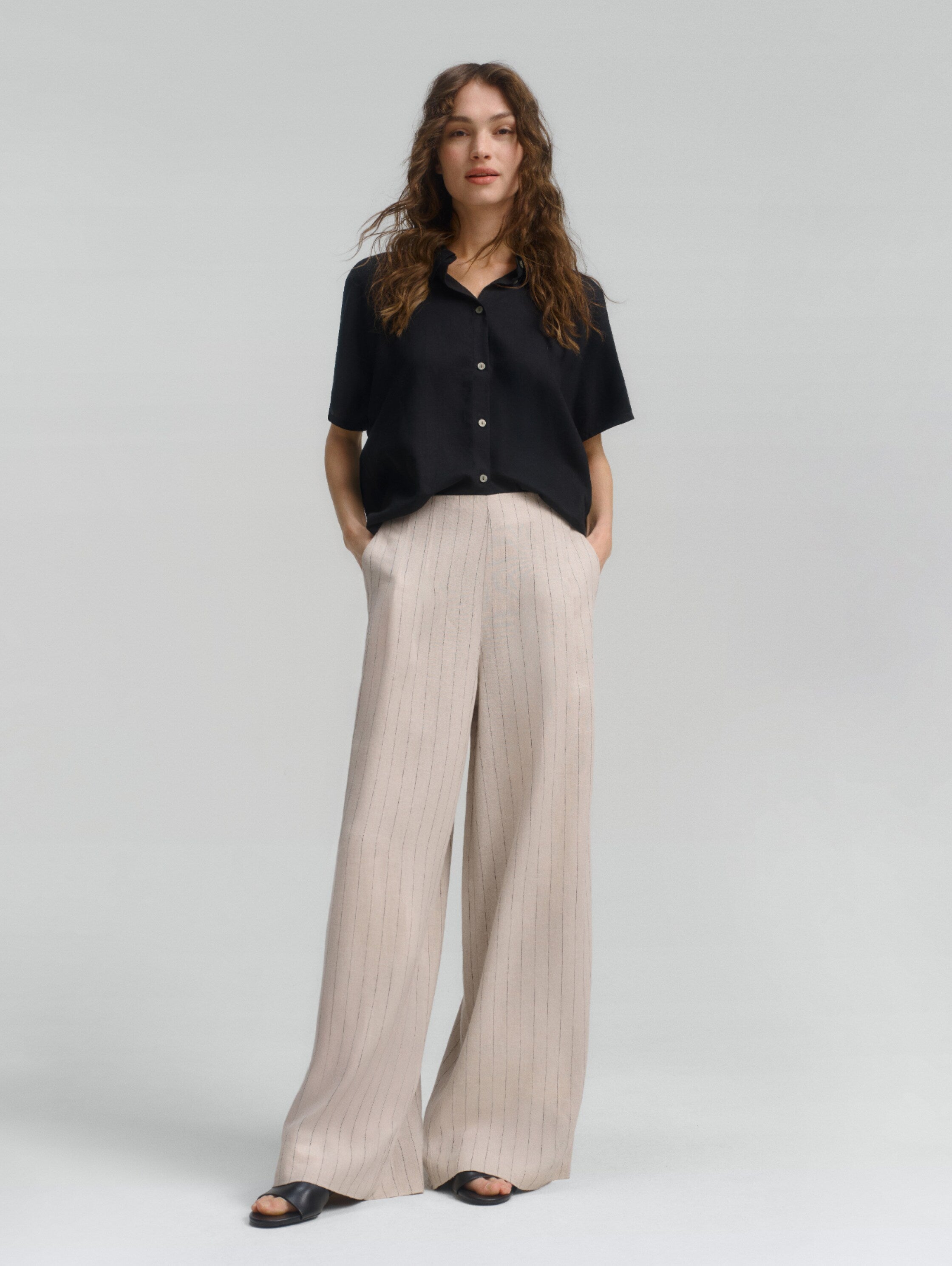 Tom Tailor Beige Black Vertical Wide Leg Trousers With Linen Content