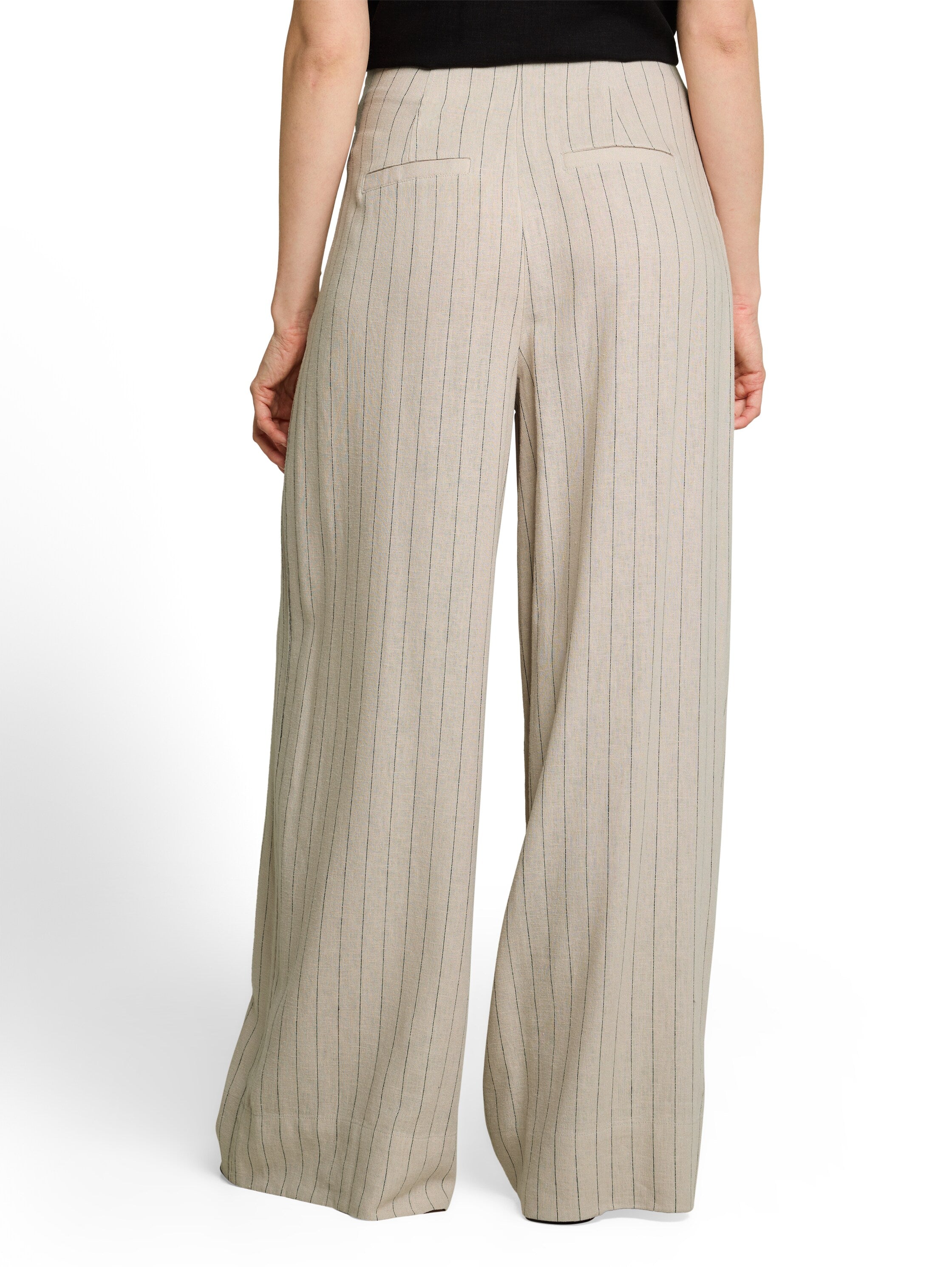 Tom Tailor Beige Black Vertical Wide Leg Trousers With Linen Content