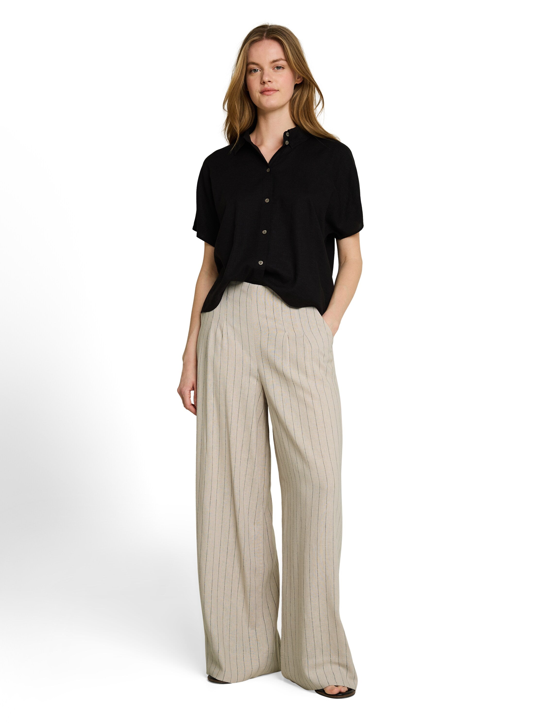 Tom Tailor Beige Black Vertical Wide Leg Trousers With Linen Content