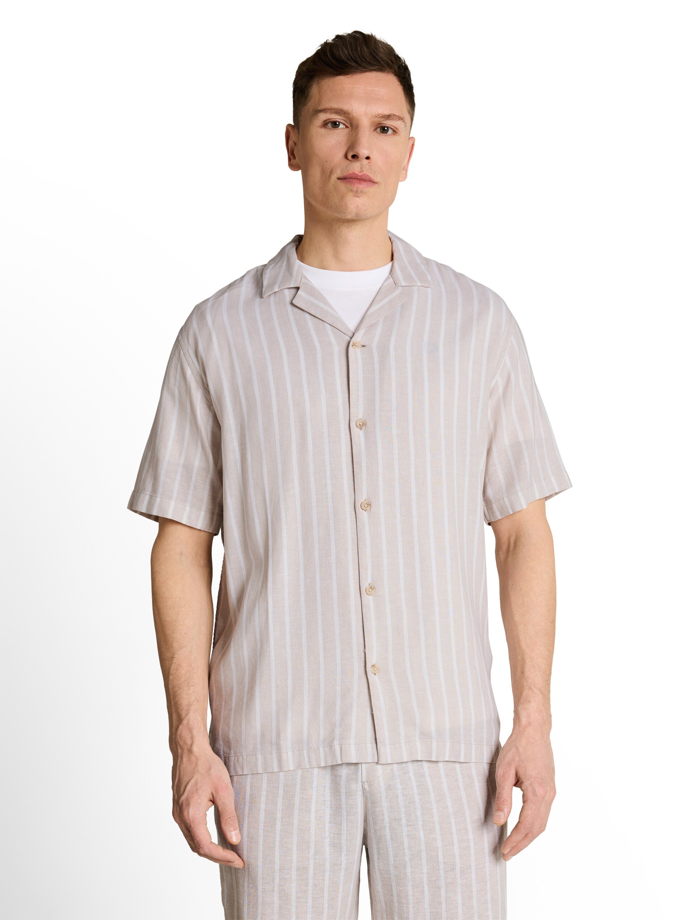 Tom Tailor Light Beige Short Sleeved Striped Linen Shirt