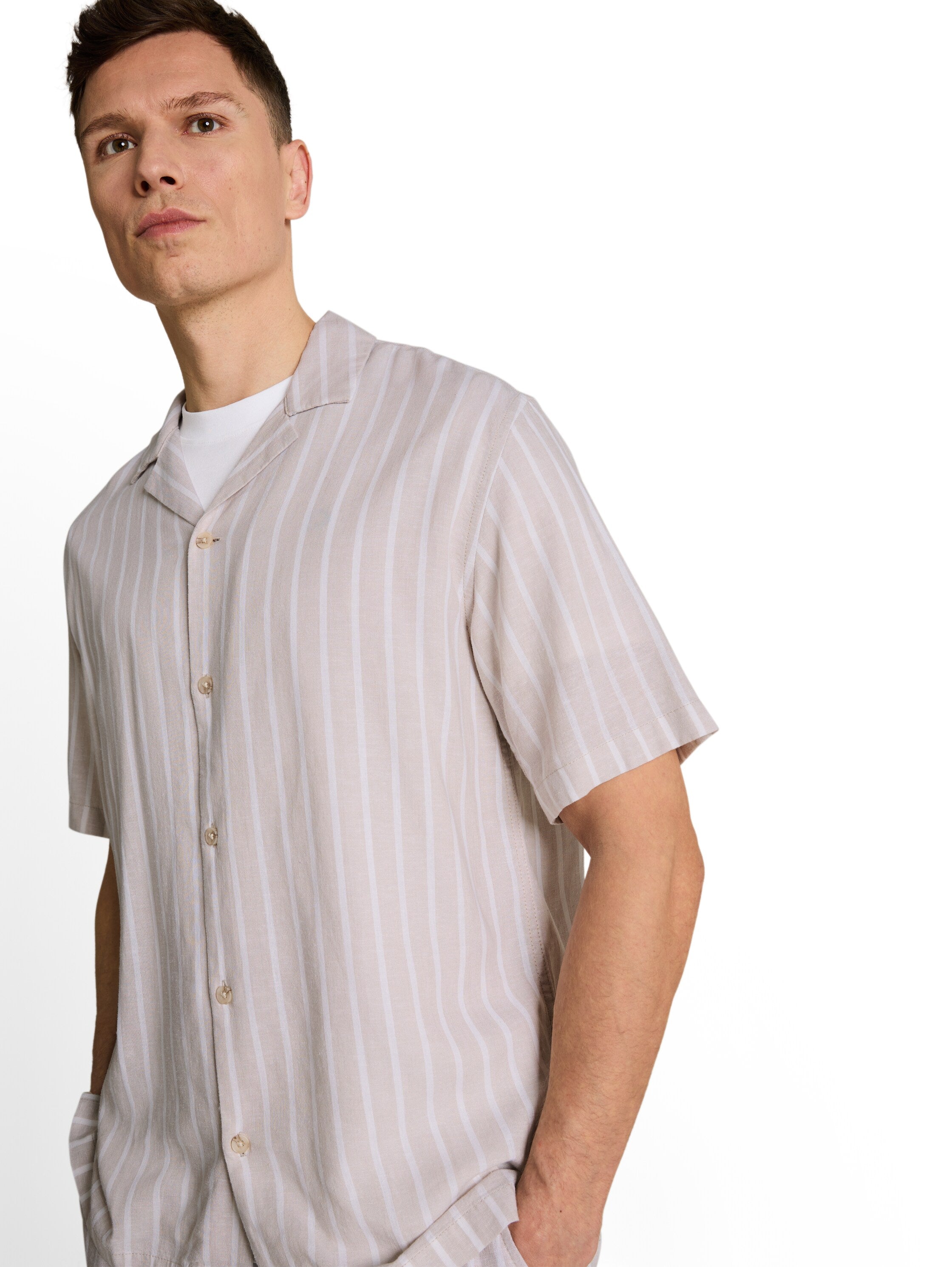 Tom Tailor Light Beige Short Sleeved Striped Linen Shirt