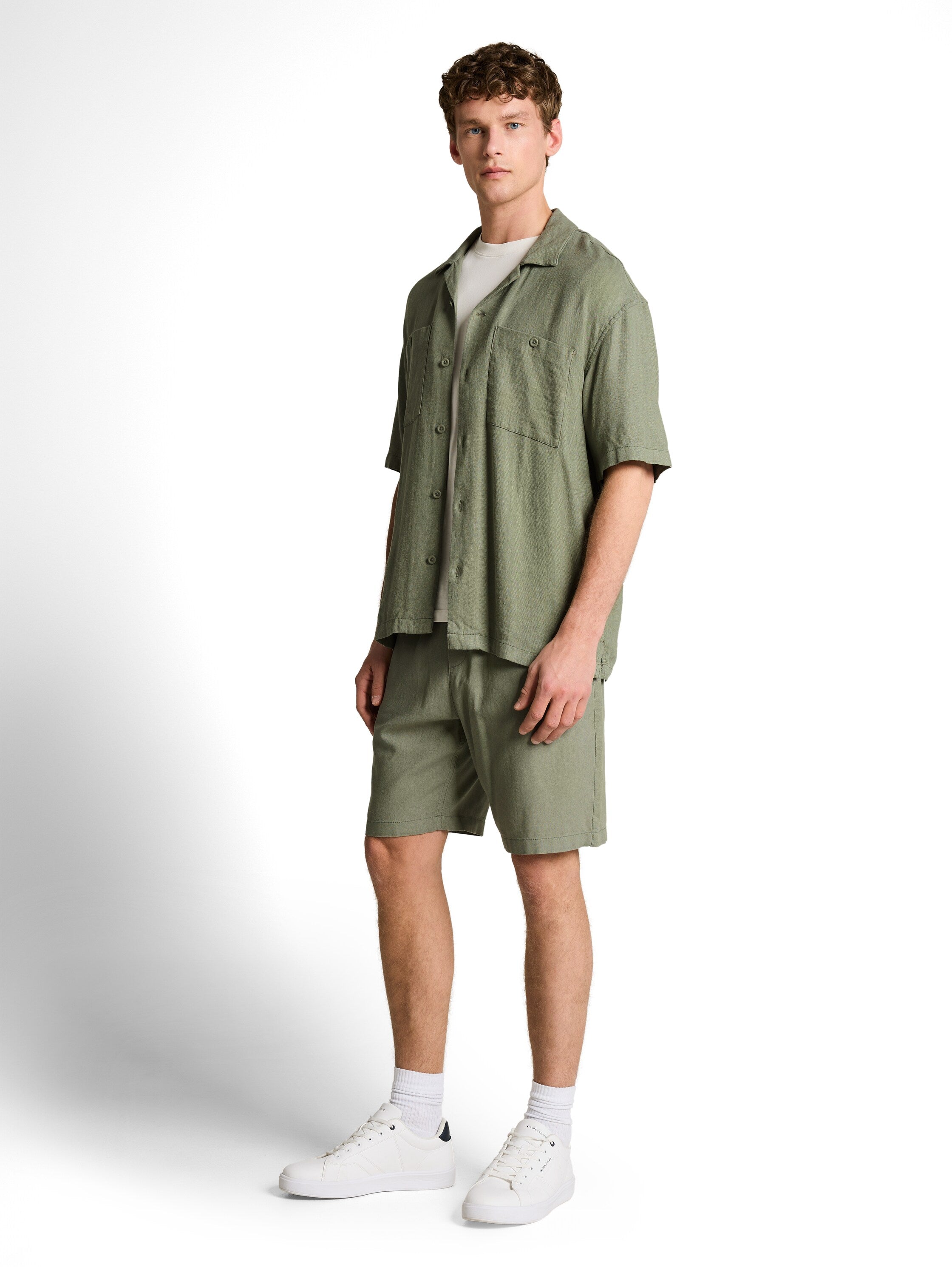 Tom Tailor Olive Short Sleeved Linen Shirt With Chest Pockets