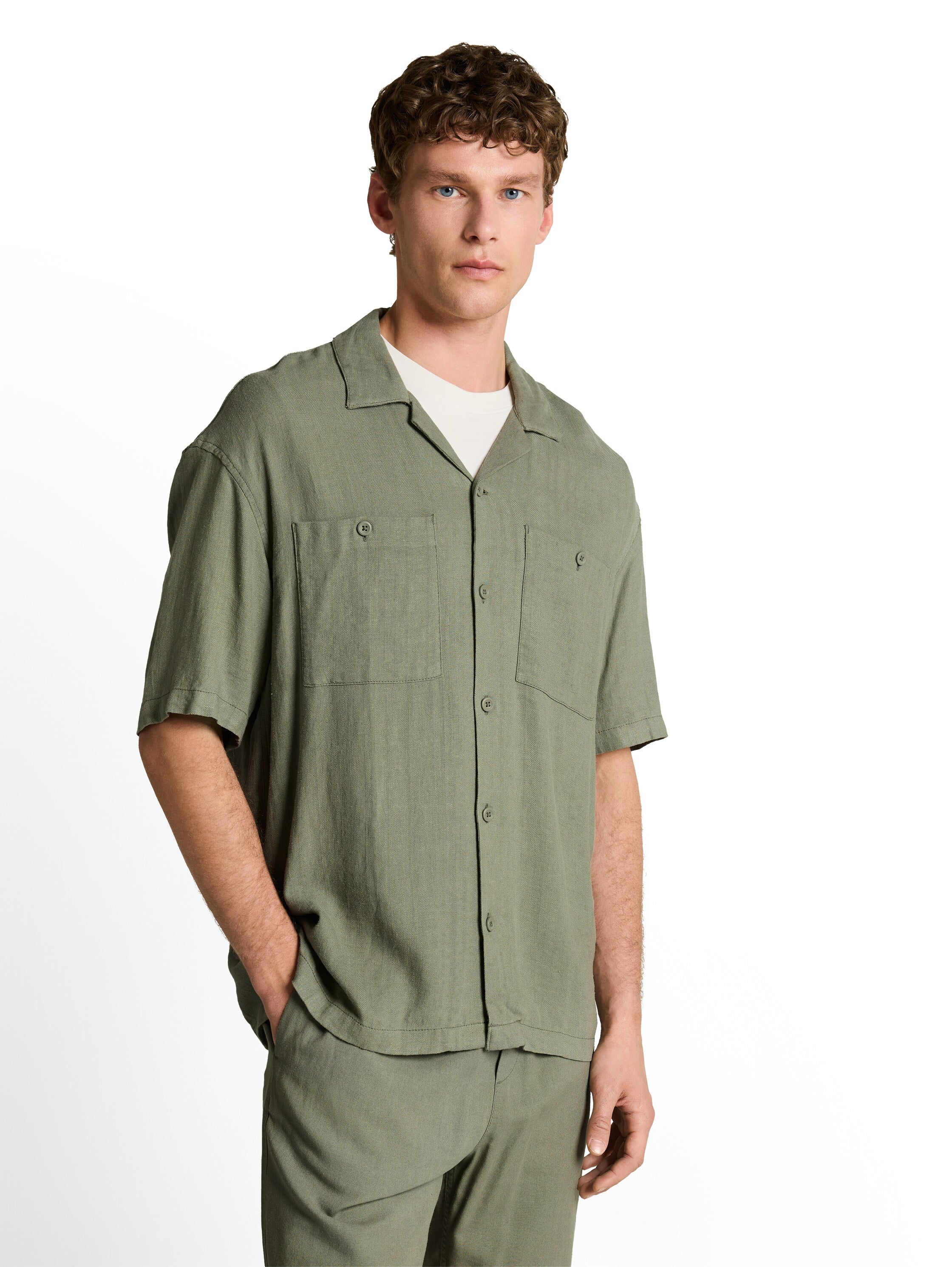 Tom Tailor Olive Short Sleeved Linen Shirt With Chest Pockets