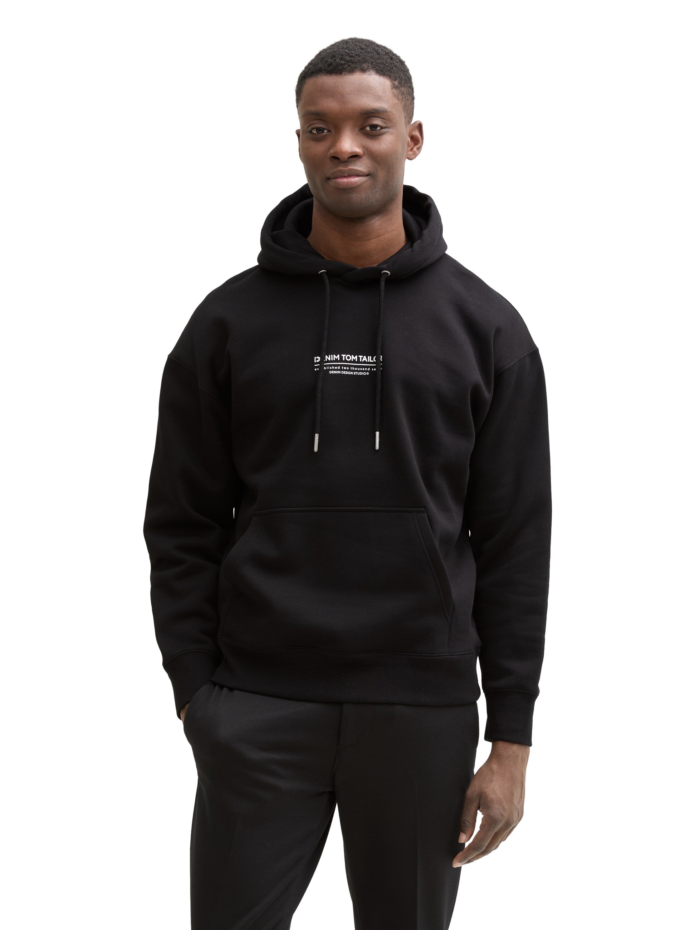 Tom Tailor Relaxed Black Hoodie With Logo Print