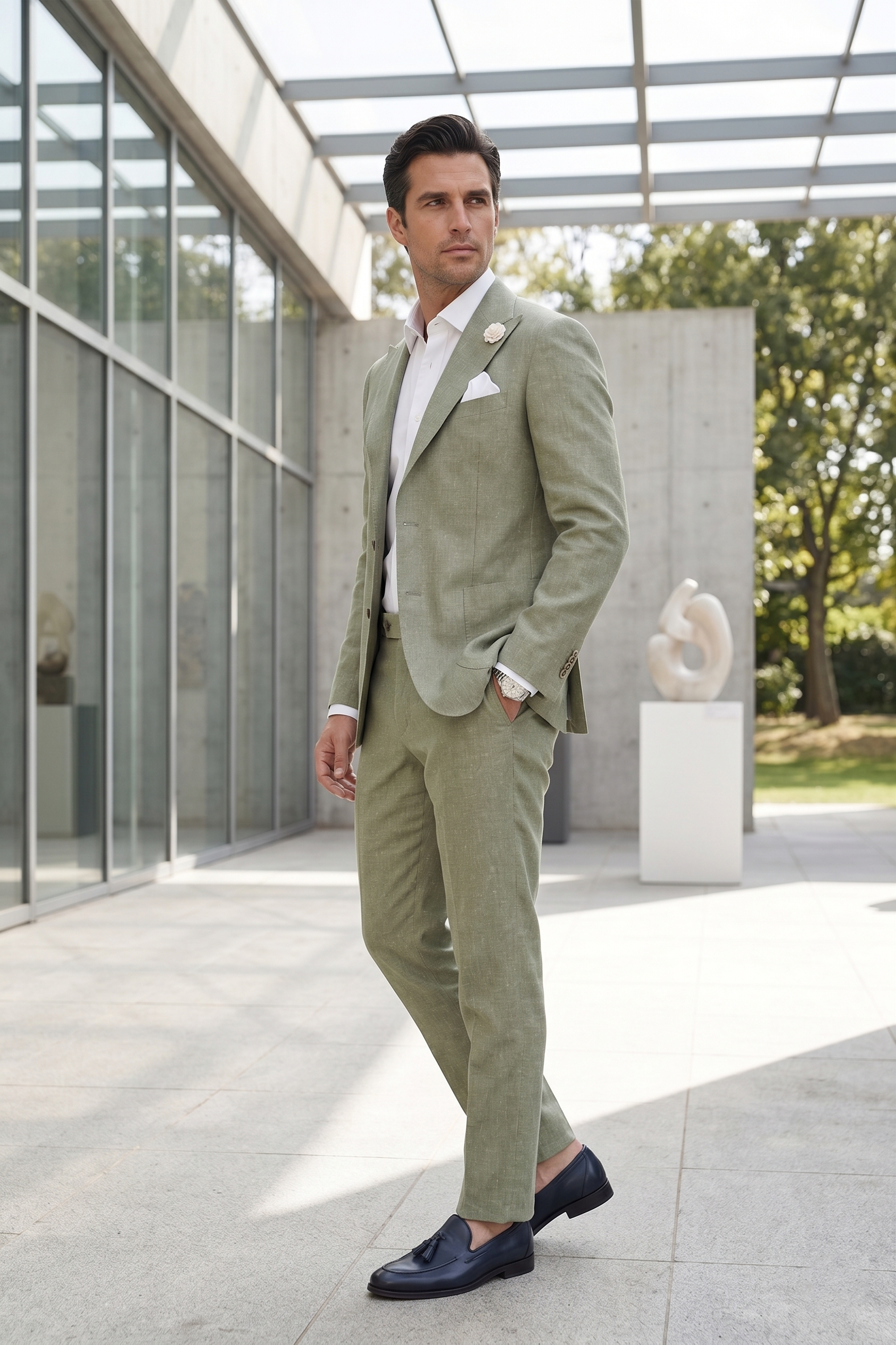 Green Linen Suit With Patch Pockets