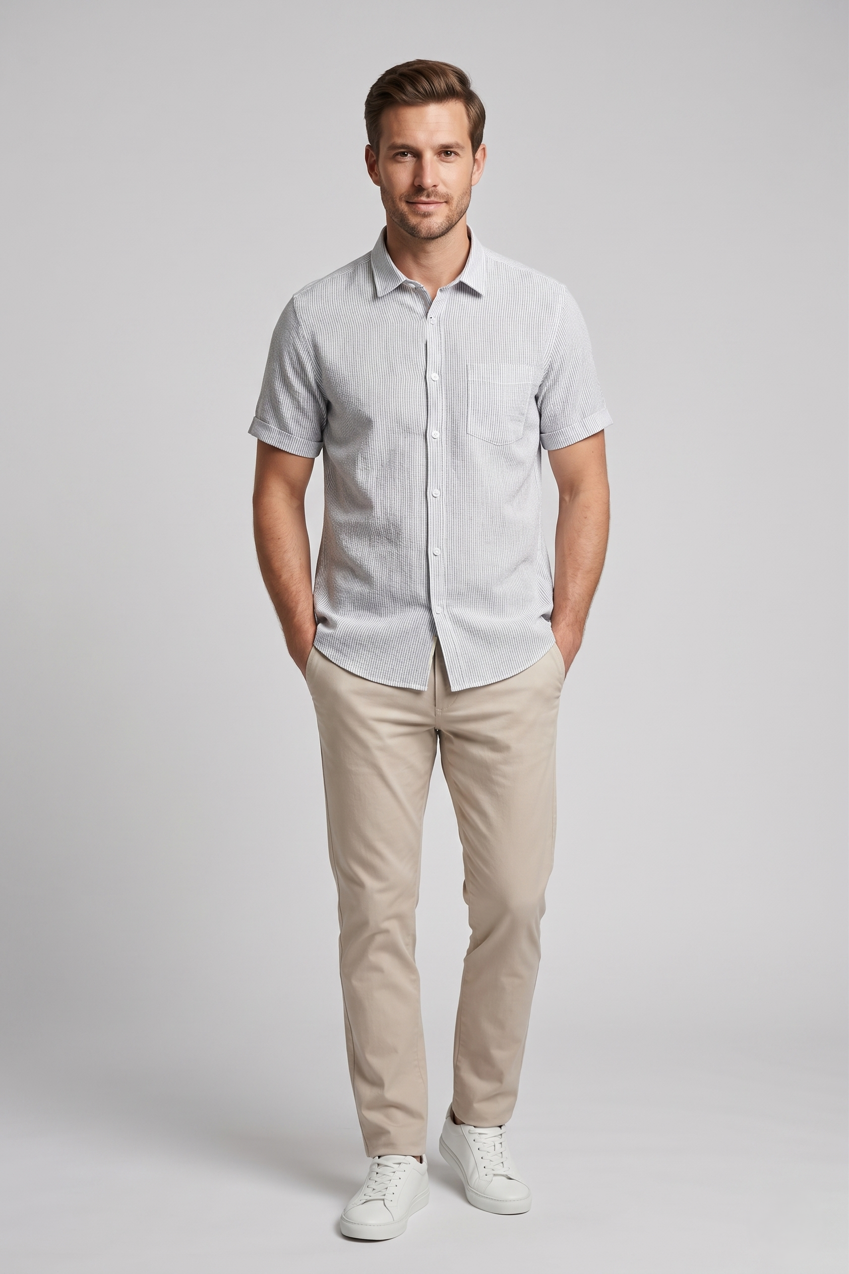 Light Grey Short Sleeved Linen Shirt With Striped Design