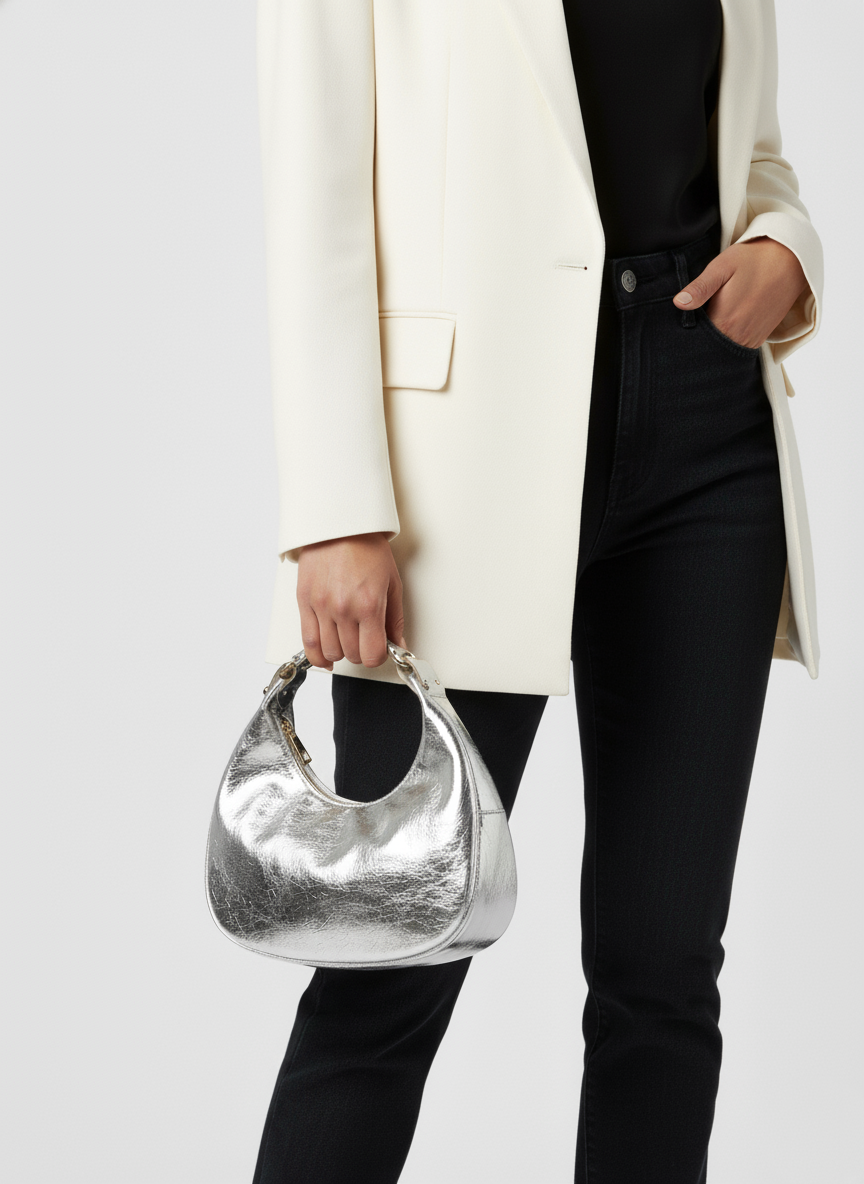 Stylish Silver Shoulder Bag With Modern Design