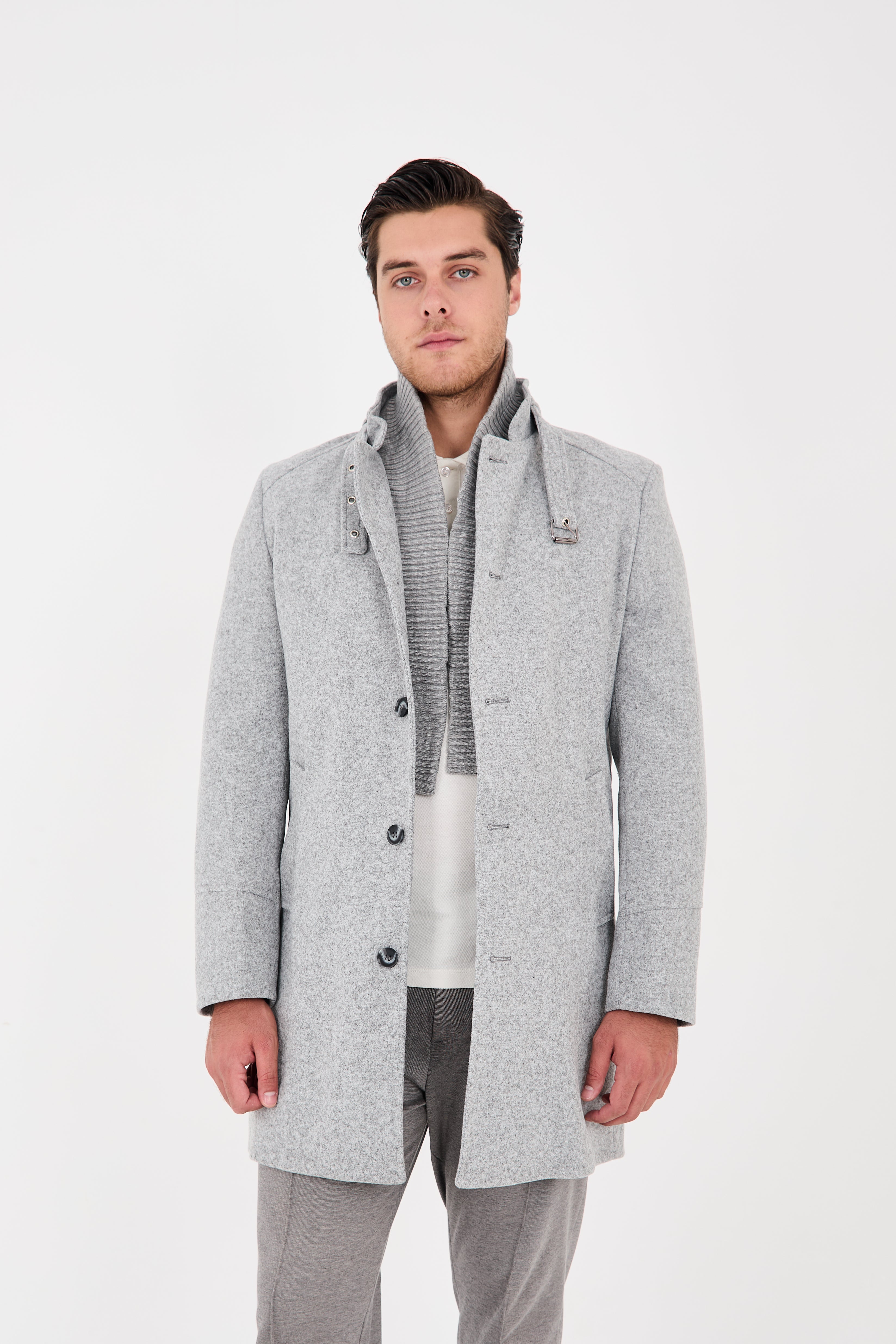 Tailored Light Grey Stand Collar Overcoat with Neck Strap & Knit Layer