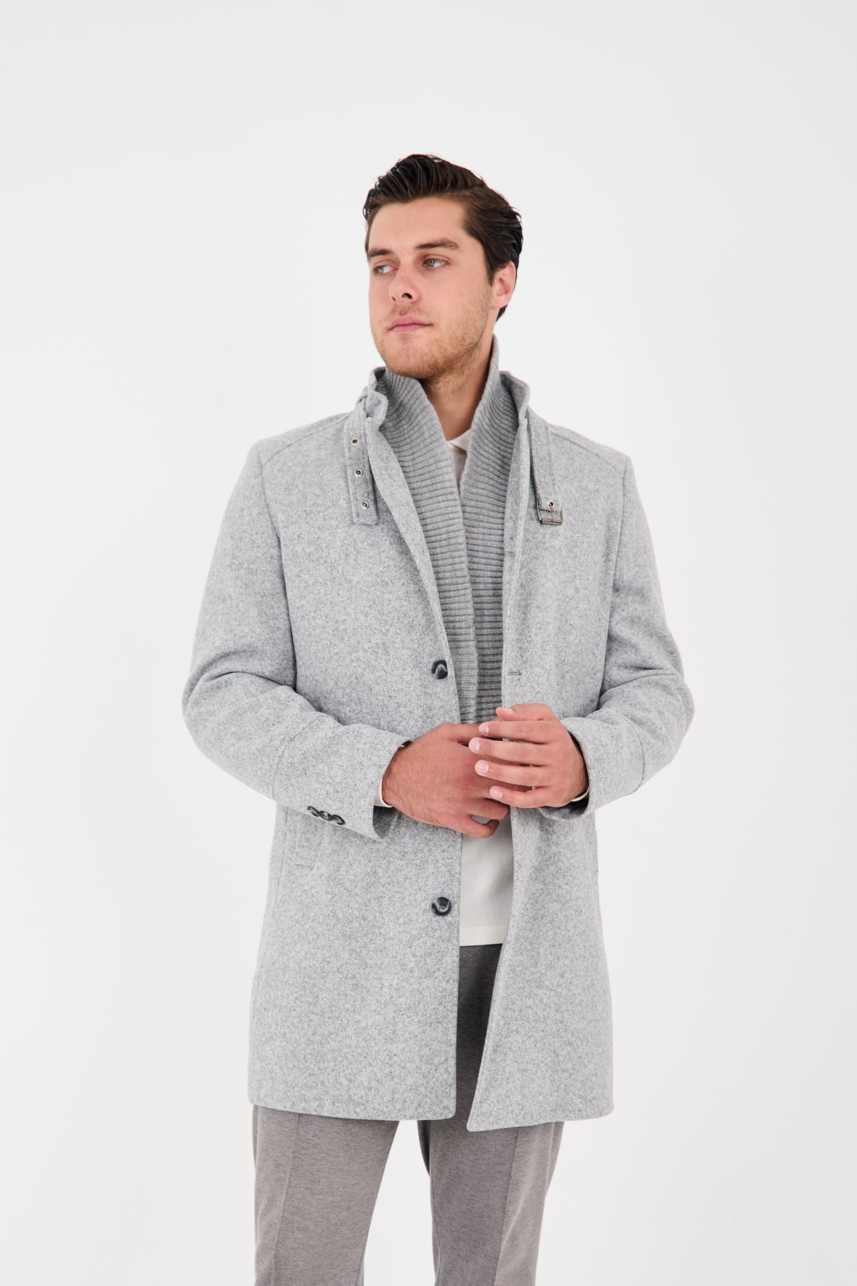 Tailored Light Grey Stand Collar Overcoat with Neck Strap & Knit Layer