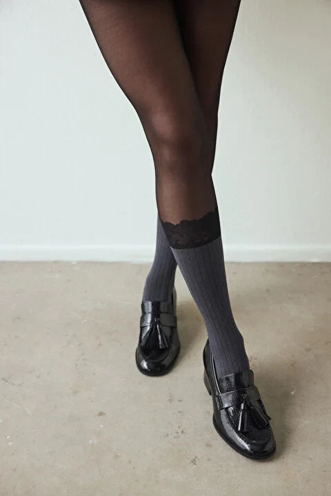 Penti Black Ribbed Lace Tights