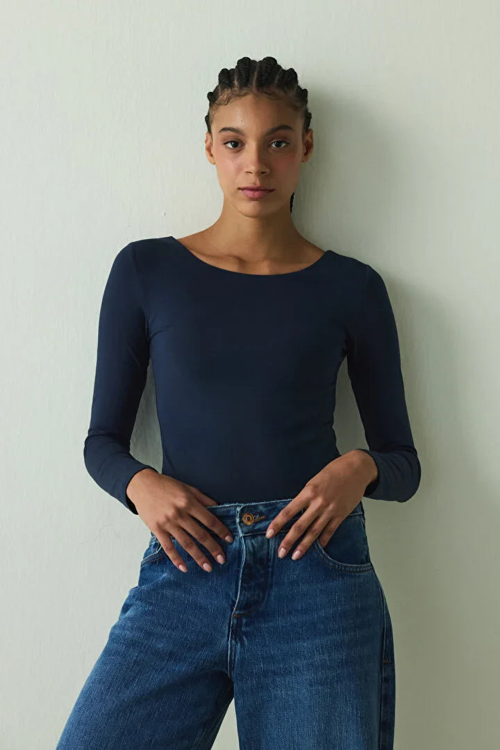 Penti Navy Crew Neck Long Sleeve Slim Fit Top