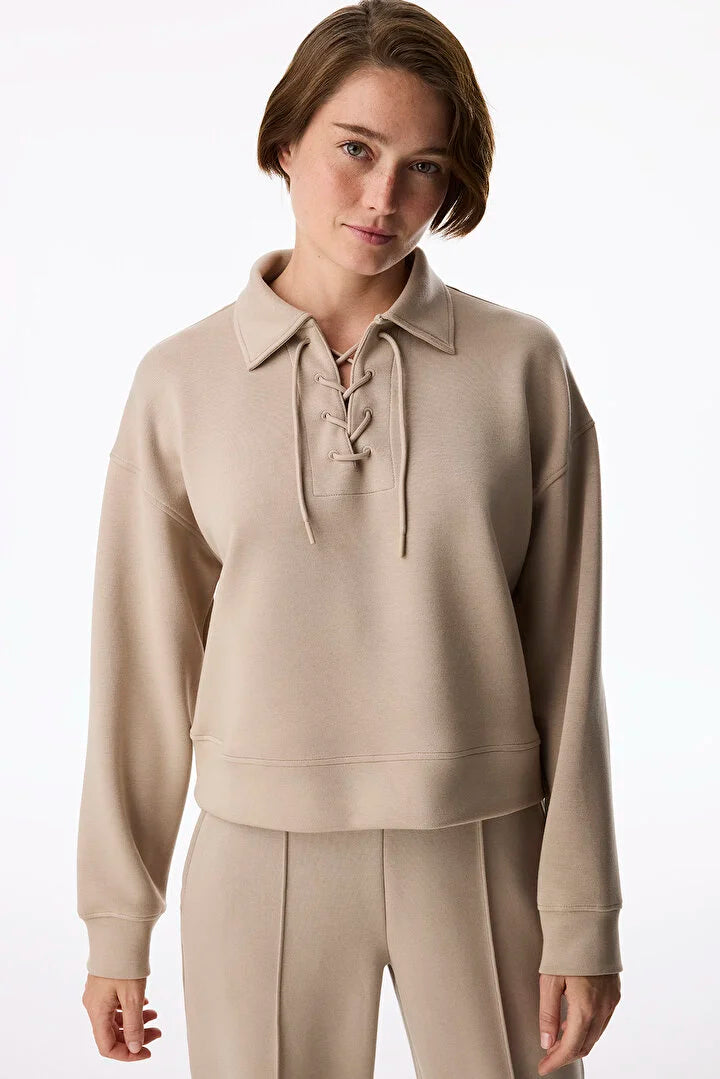 Penti Beige Silky Touch Lace-Up Long Sleeve Sweatshirt