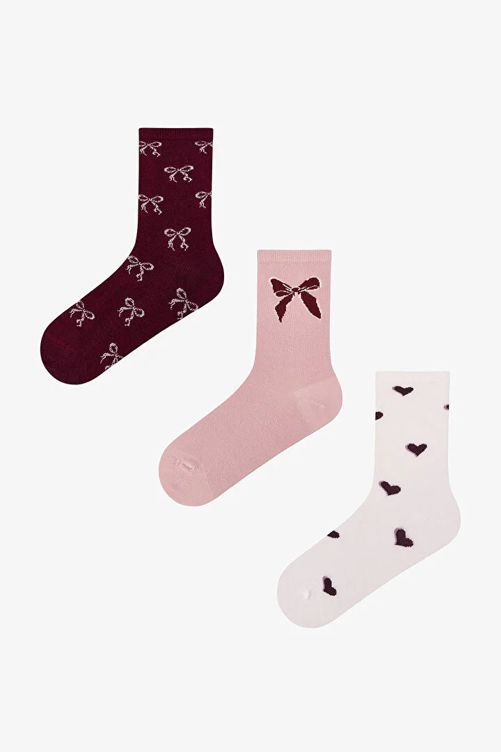Penti Bordeaux Ribbon Heart Bow Print Cotton 3 Pack Ankle Socks