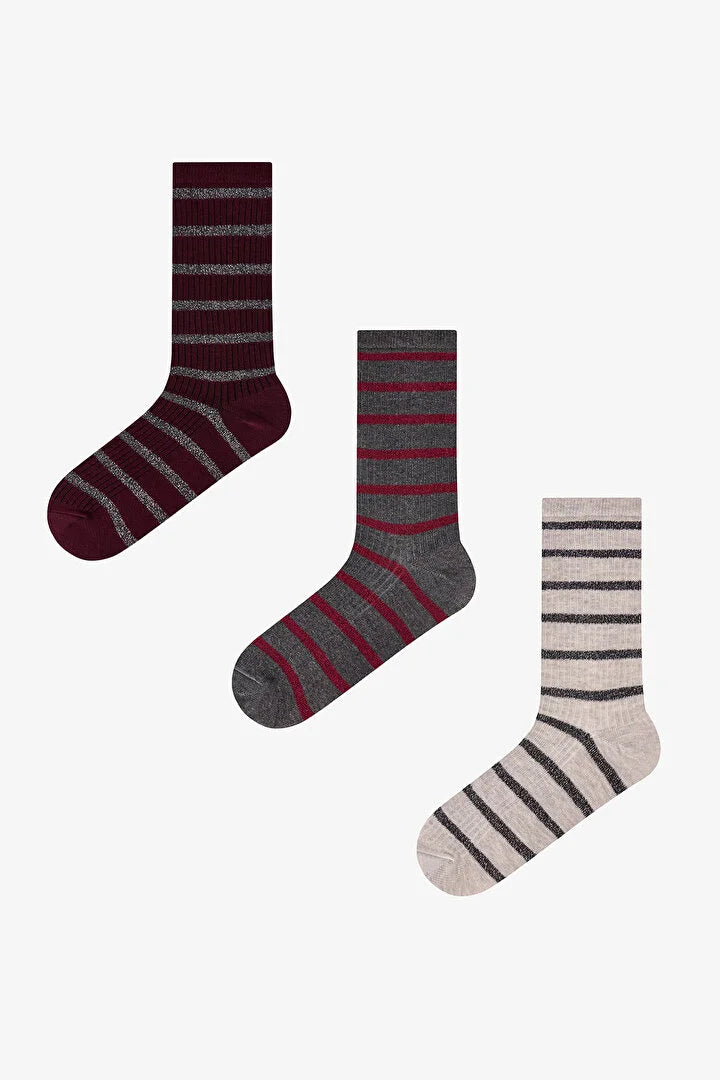 Penti Bordeaux Shiny Line Striped Cotton Glitter 3 Pack Ankle Socks