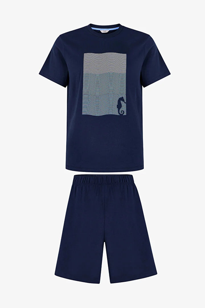 Penti Men Navy Printed Design Shorts Pyjama Set
