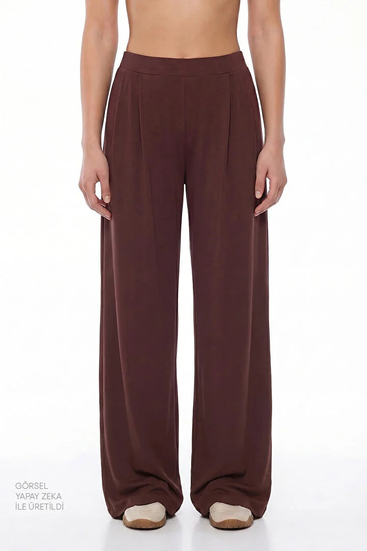Brown Pleated High-Waisted Wide Leg Pants