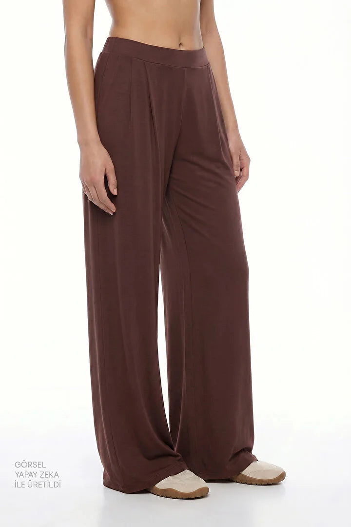 Brown Pleated High-Waisted Wide Leg Pants
