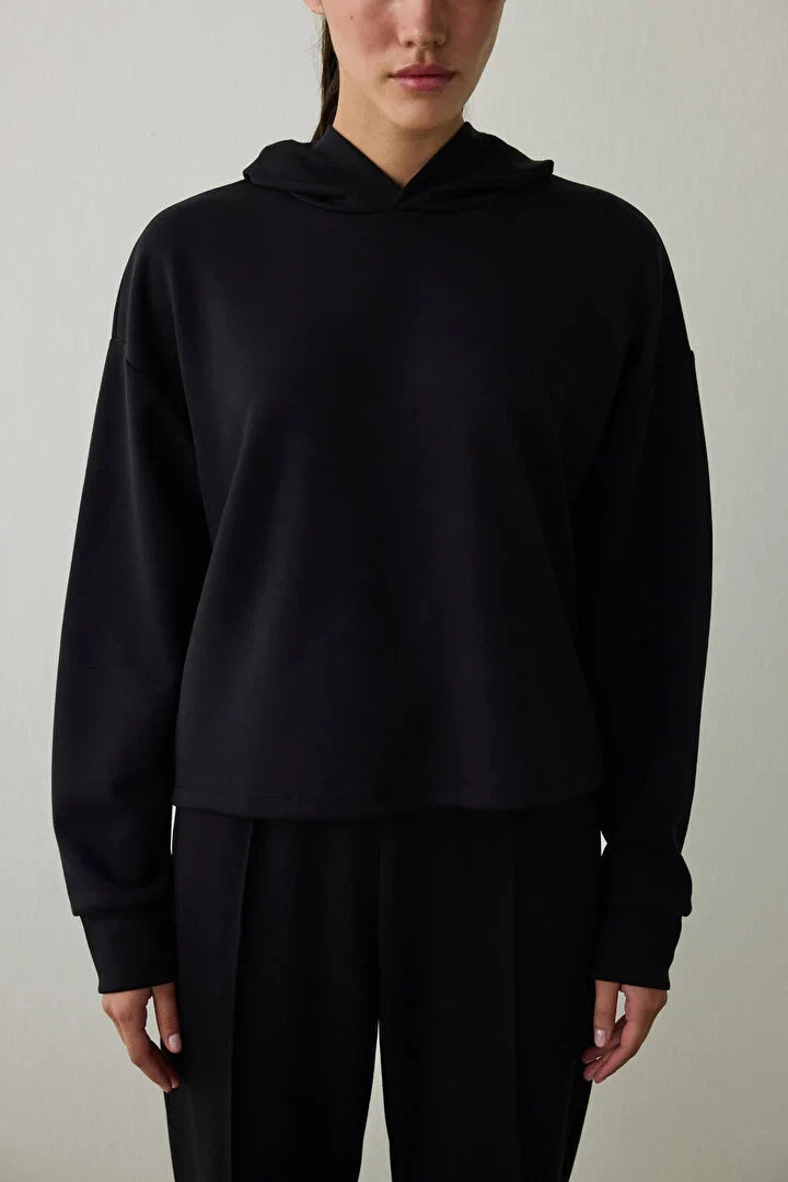 Penti Black Silky Feel Hooded Slogan Printed Sweater