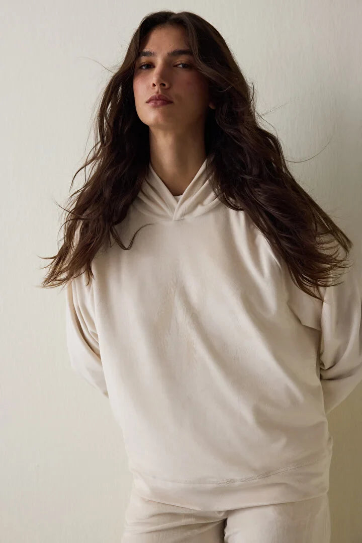 Penti Beige Soft Velvet Warm Hooded Sweater