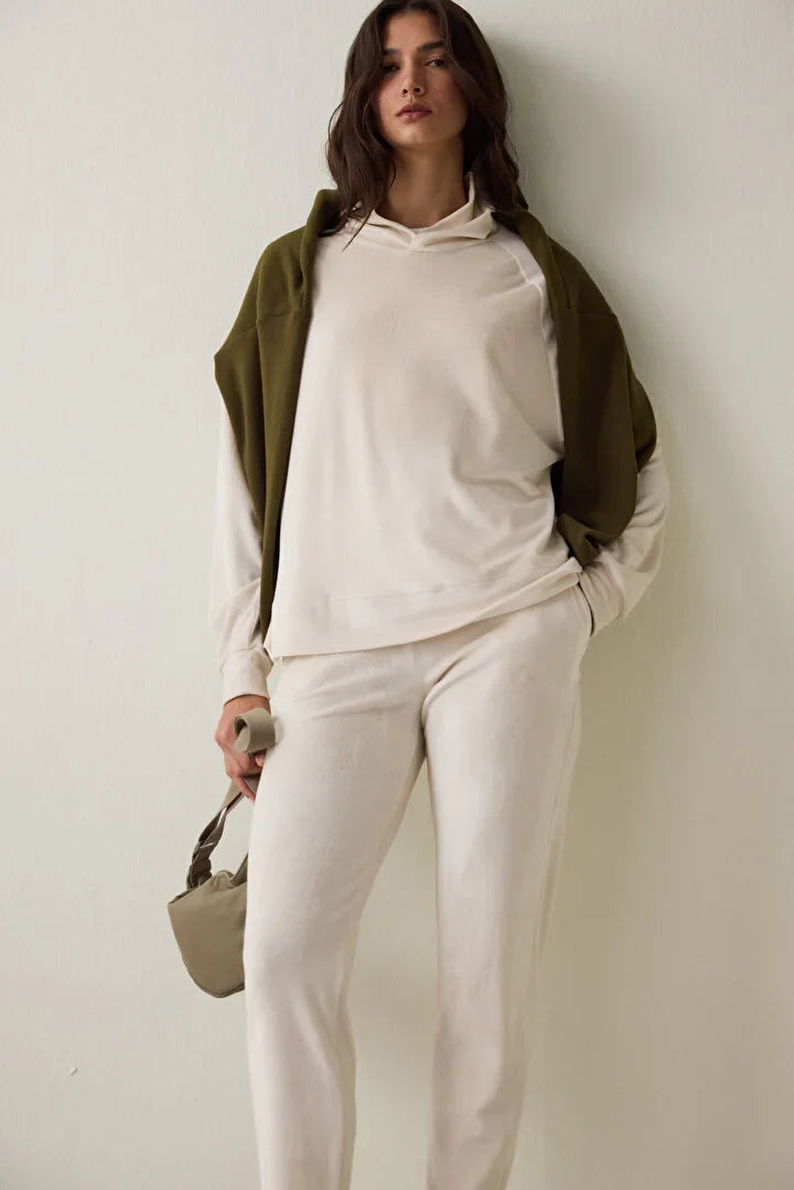 Penti Beige Soft Velvet Warm Hooded Sweater