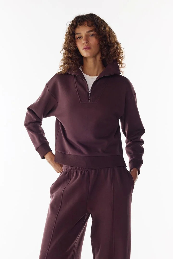 Penti Dark Bordeaux Half Zip Brushed Rib Long Sleeve Sweatshirt