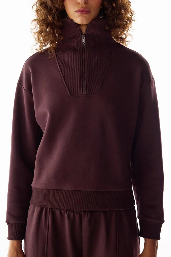Penti Dark Bordeaux Half Zip Brushed Rib Long Sleeve Sweatshirt