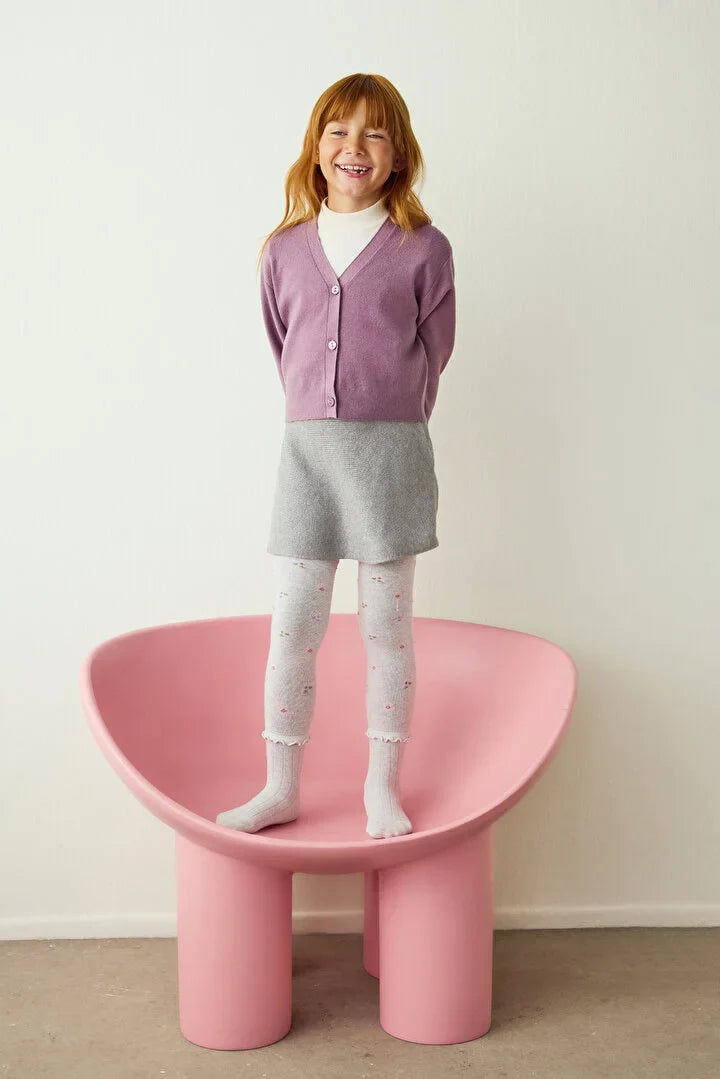 Penti Light Grey Girl's Ruffled Floral 100 Denier Cotton Pantyhose