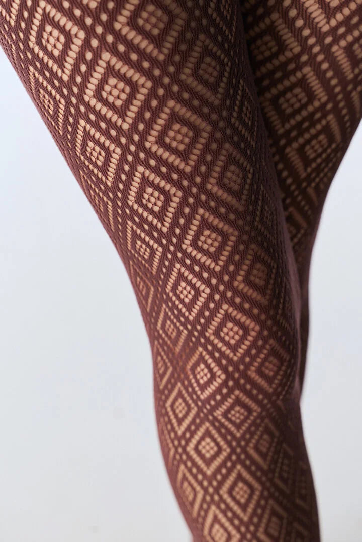 Penti Brown Shadow Diamond Geometric Pattern Mesh Tights