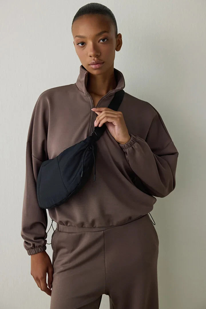 Penti Khaki Silky Feel High Collar Crop Sweater