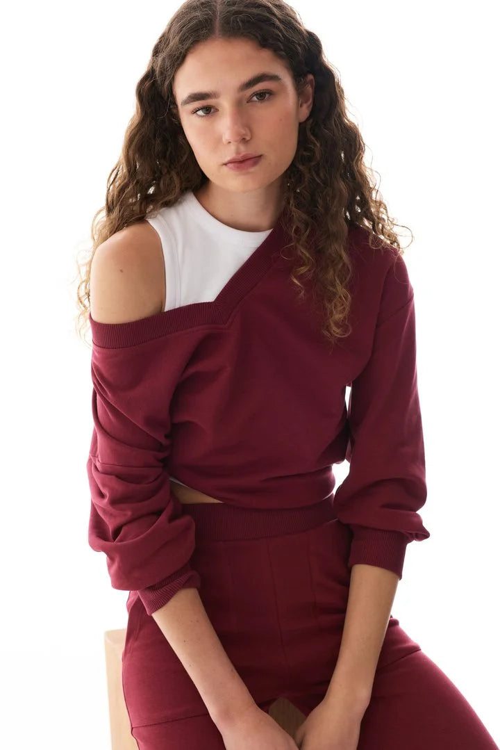 Penti Bordeaux Wide V-Neck Long Sleeve Sweatshirt