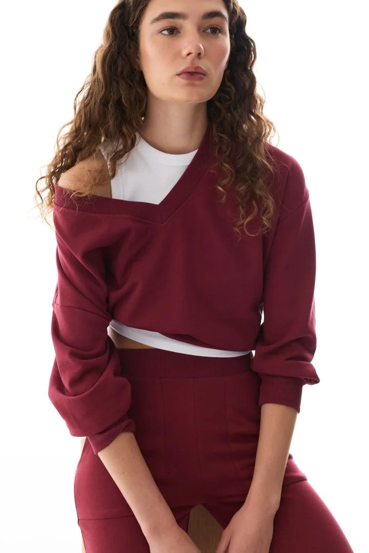 Penti Bordeaux Wide V-Neck Long Sleeve Sweatshirt