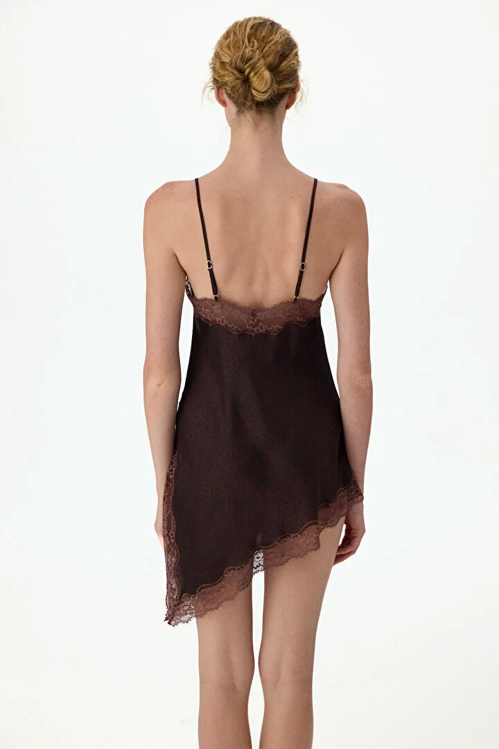 Penti Brown Printed Satin Lace Leopard Print Babydoll