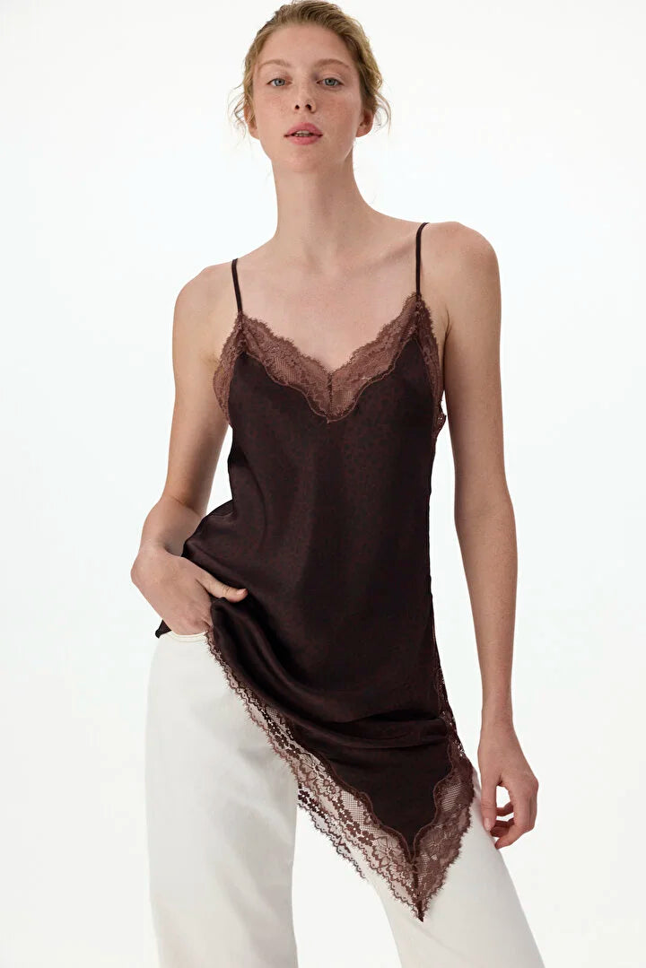 Penti Brown Printed Satin Lace Leopard Print Babydoll