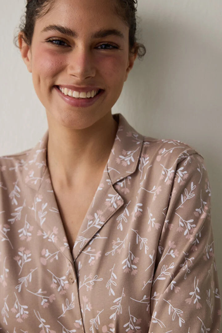 Penti Beige Flower Time Shirt Collar Long Sleeve Pajama Set