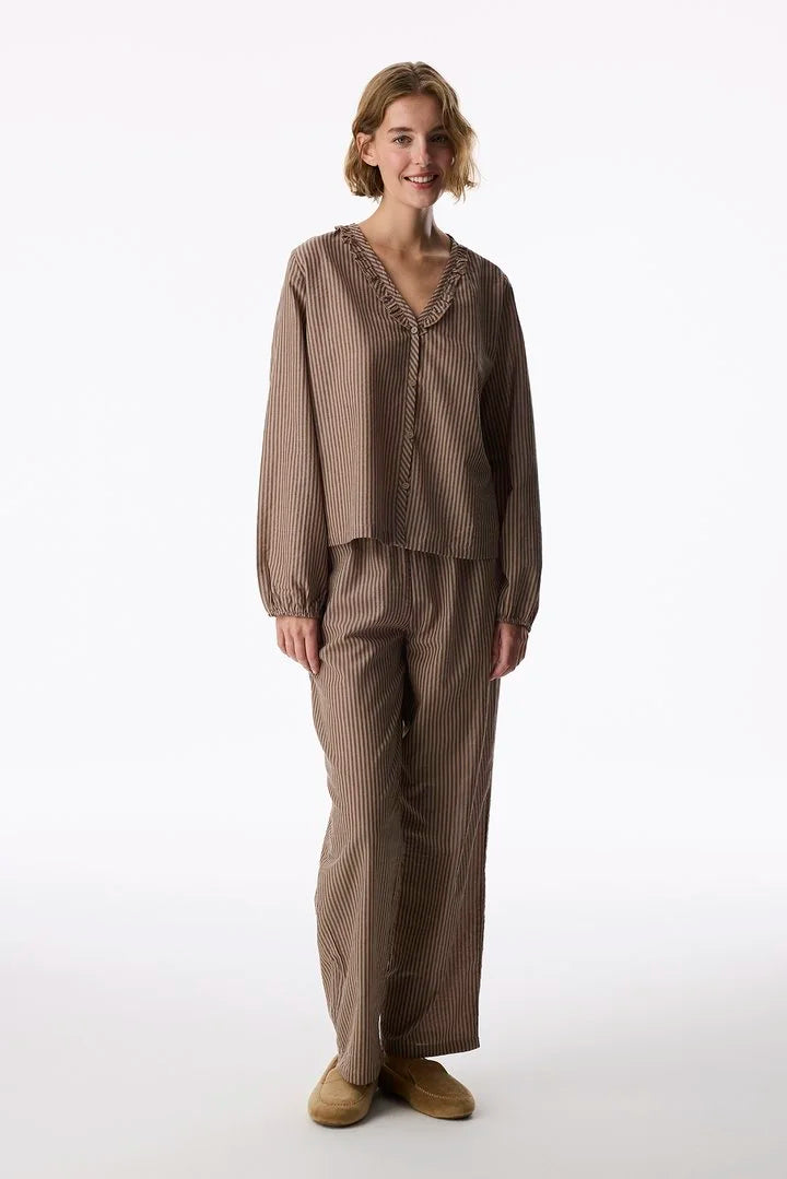 Penti Beige Warm Taupe Striped Long Sleeve Shirt & Trouser Pyjama Set