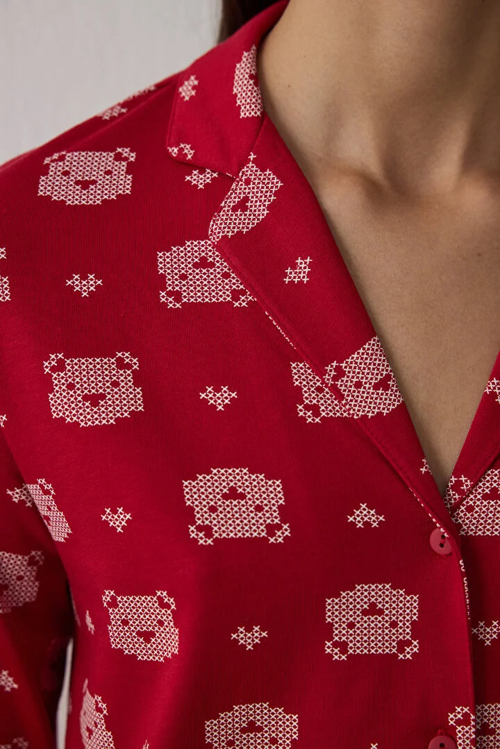 Penti Red Bear Patterned Shirt Collar Long Sleeve Cotton Pajama Set